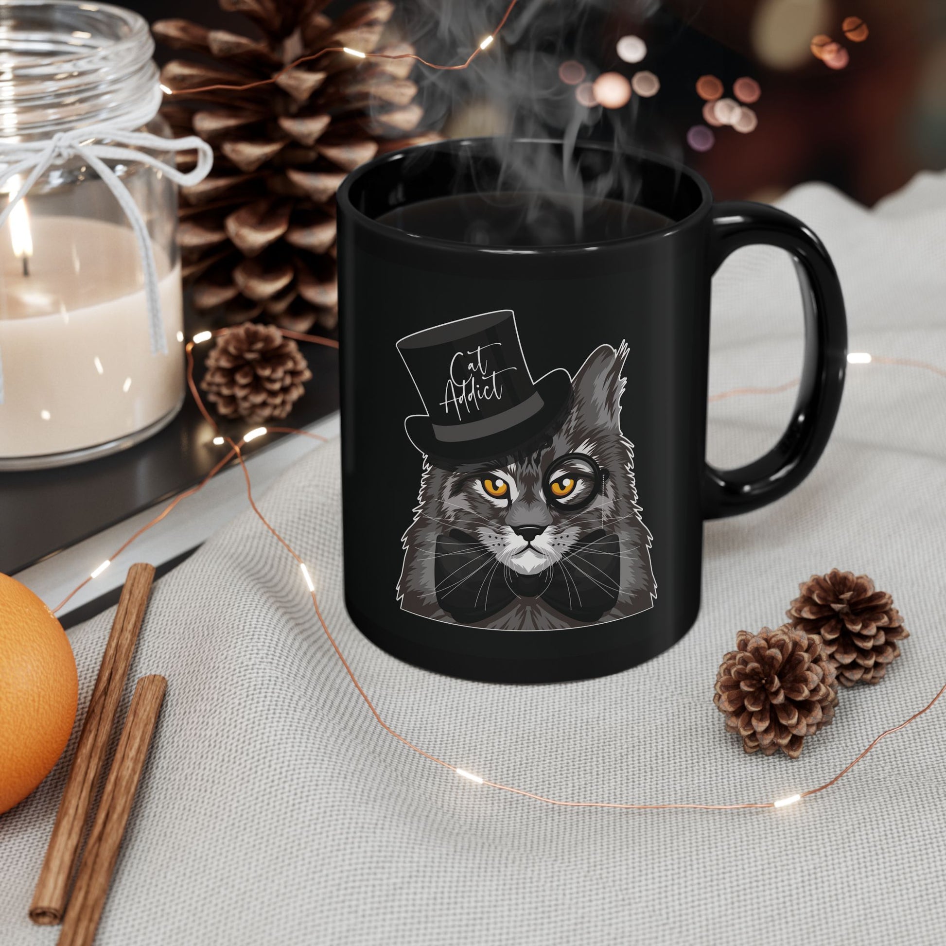 Black mug with a Maine Coon cat graphic and 'Cat Addict' text.