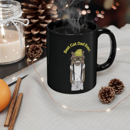 Black mug with a cat illustration and 'Best Cat Dad Ever!' text.