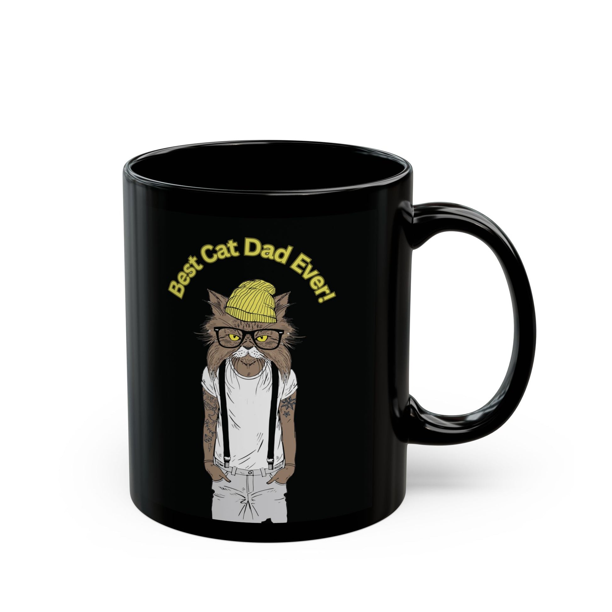 Black mug with a cat illustration and 'Best Cat Dad Ever!' text.