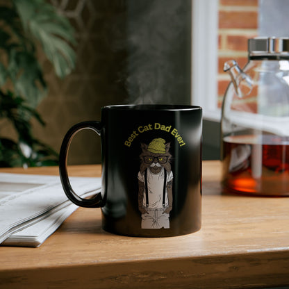 Black mug with a cat illustration and 'Best Cat Dad Ever!' text.