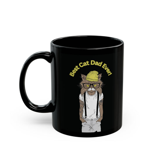 Black mug with a cat illustration and 'Best Cat Dad Ever!' text.
