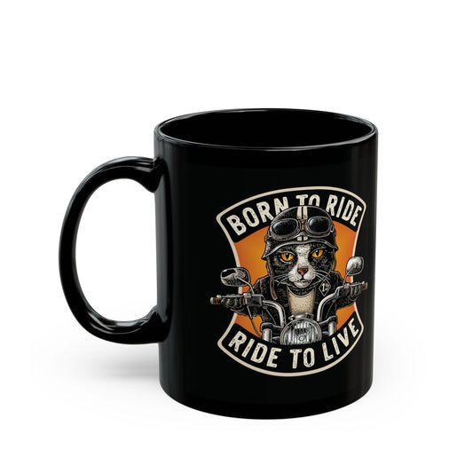 Black mug with a cat on a motorcycle graphic and 'Born to Ride, Ride to Live' text  