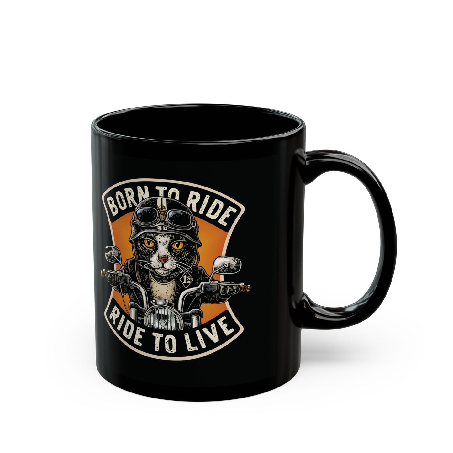 Black mug with a cat on a motorcycle graphic and 'Born to Ride, Ride to Live' text  