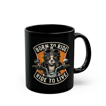 Black mug with a cat on a motorcycle graphic and 'Born to Ride, Ride to Live' text  
