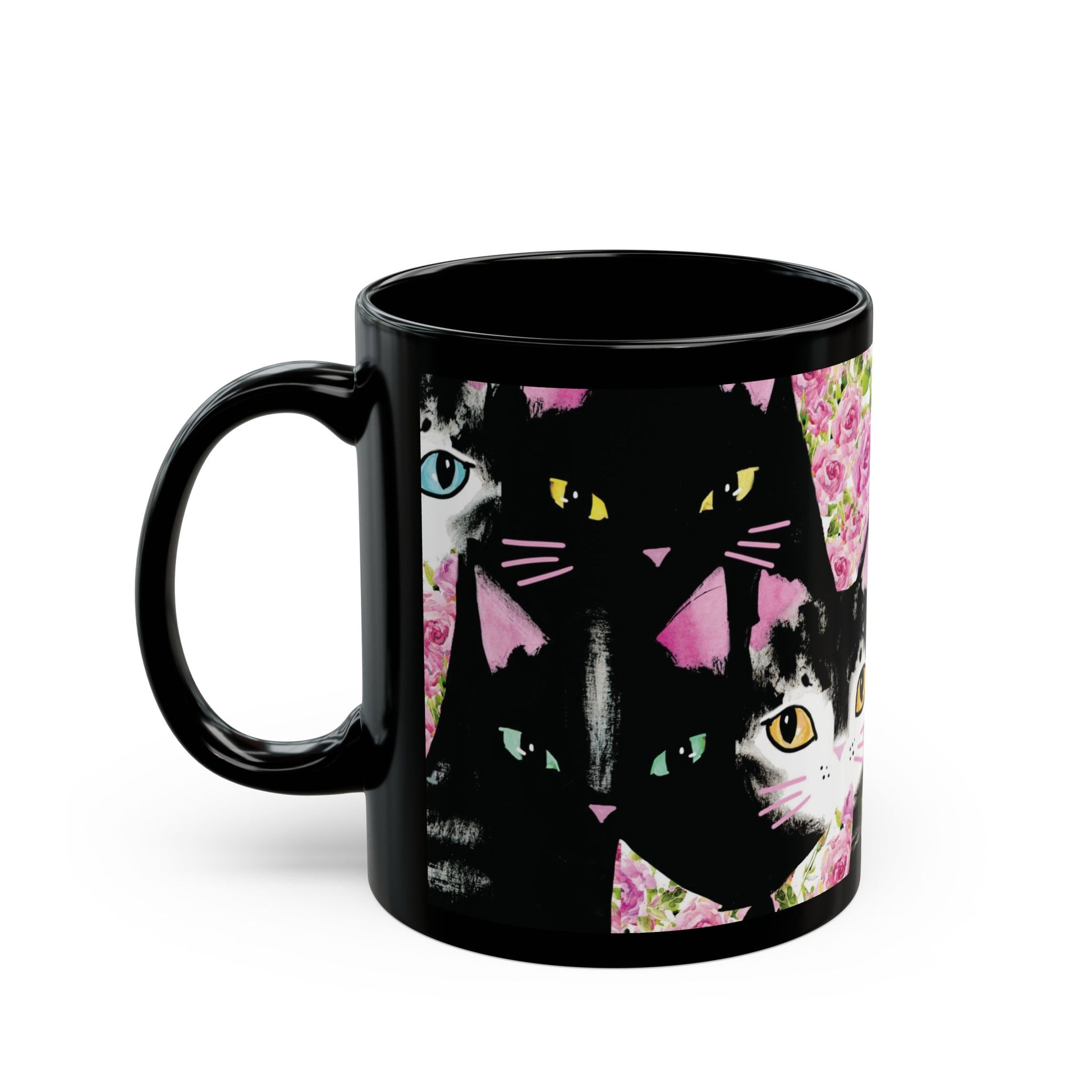Black mug with a colorful abstract cat design.
