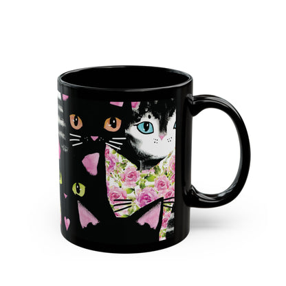 Black mug with a colorful abstract cat design.