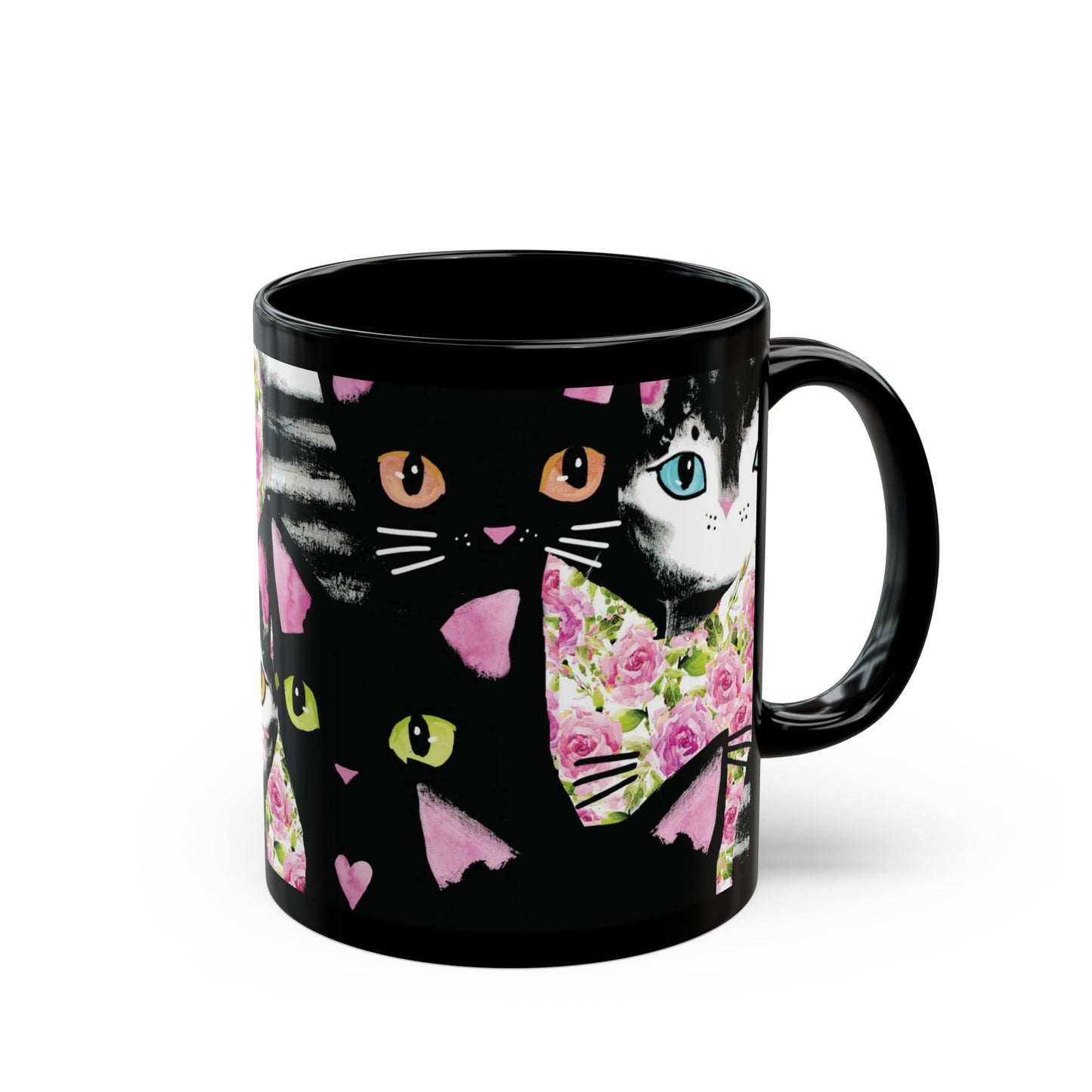 Black mug with a colorful abstract cat design.