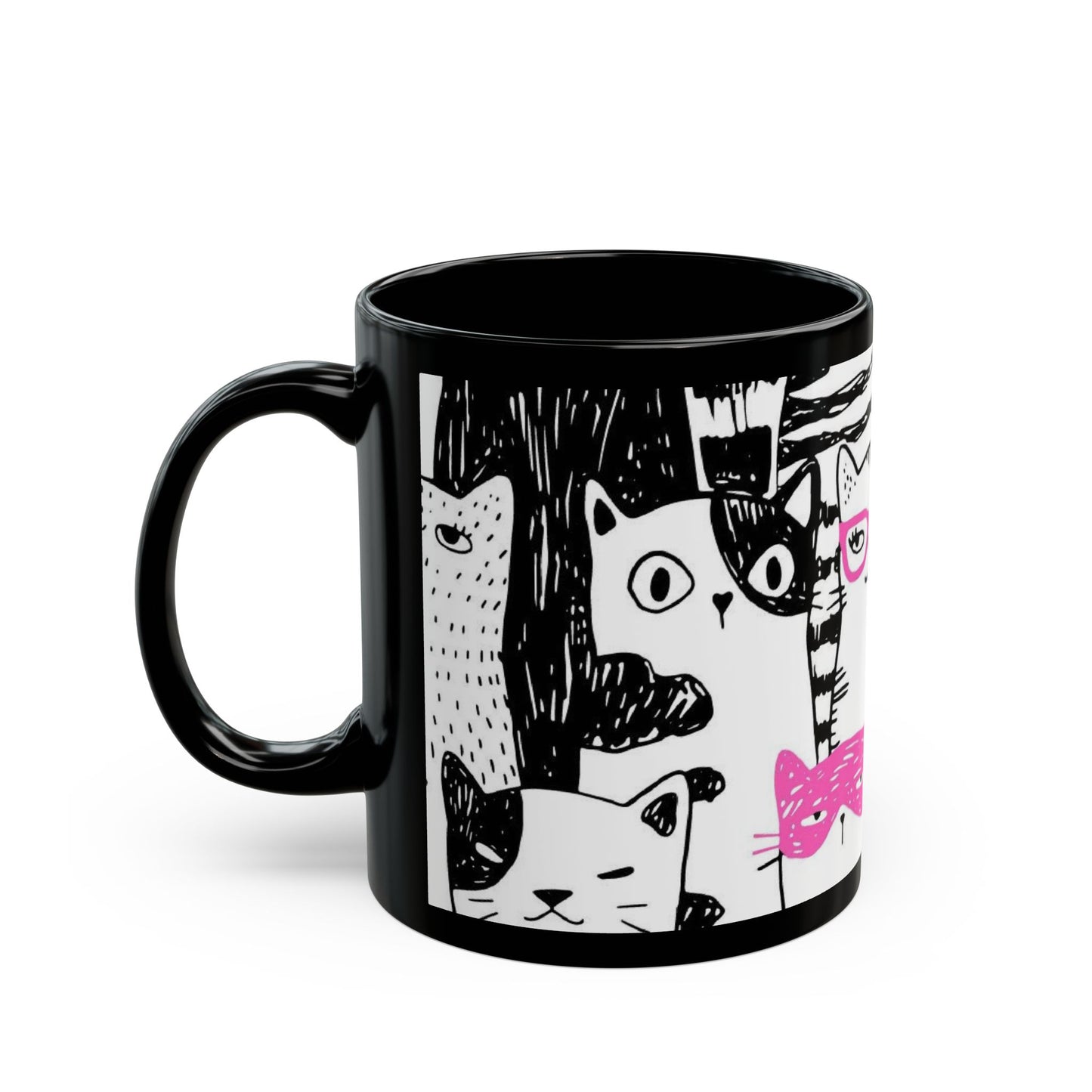 Black mug with cartoon cat illustrations.