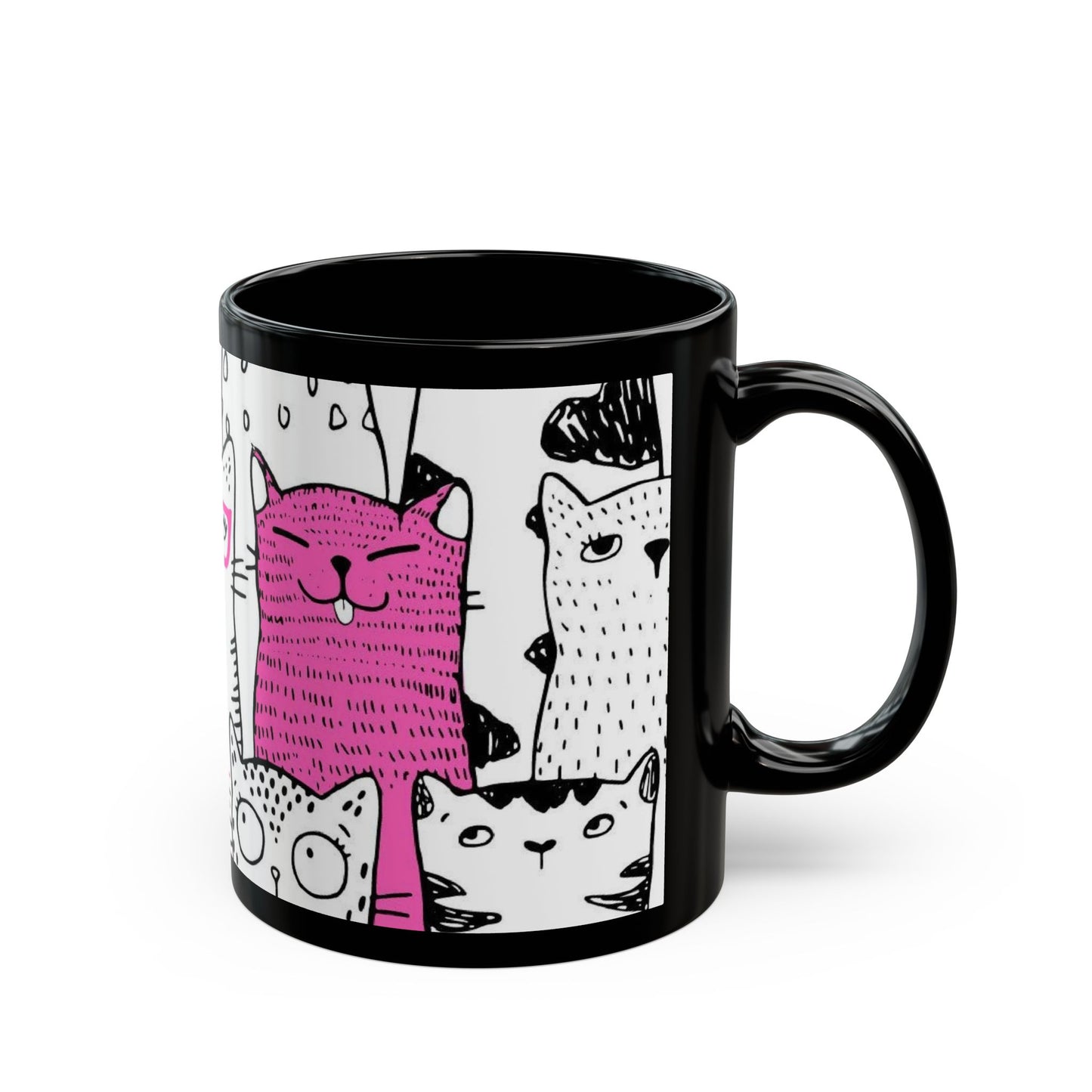 Black mug with cartoon cat illustrations.