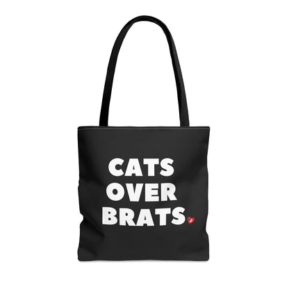 Black tote bag with 'Cats Over Brats' text  
