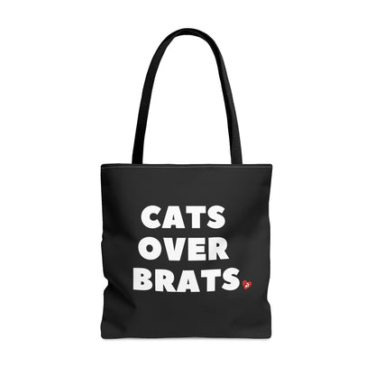 Black tote bag with 'Cats Over Brats' text  