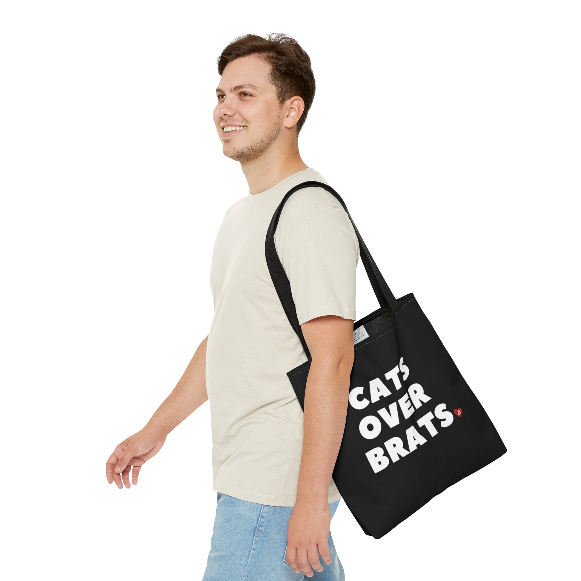 Black tote bag with 'Cats Over Brats' text  