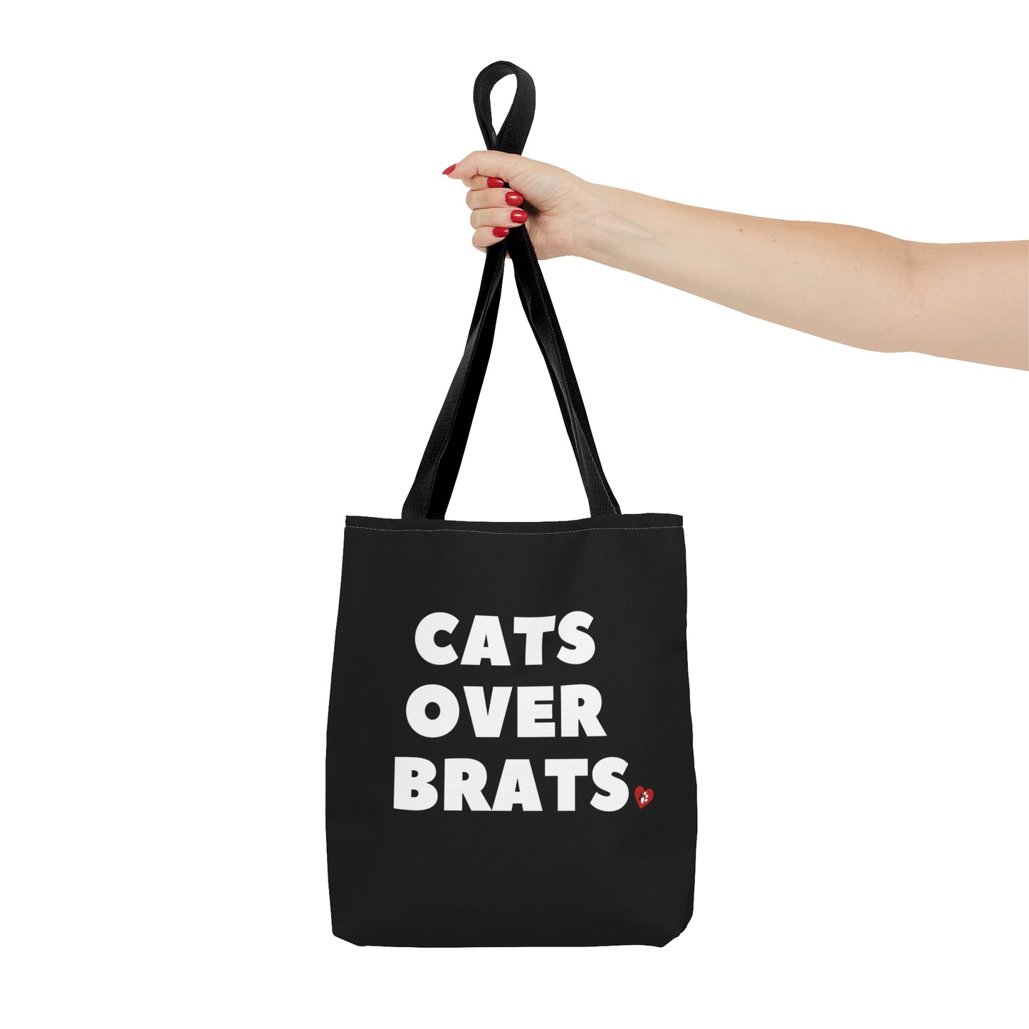 Black tote bag with 'Cats Over Brats' text  