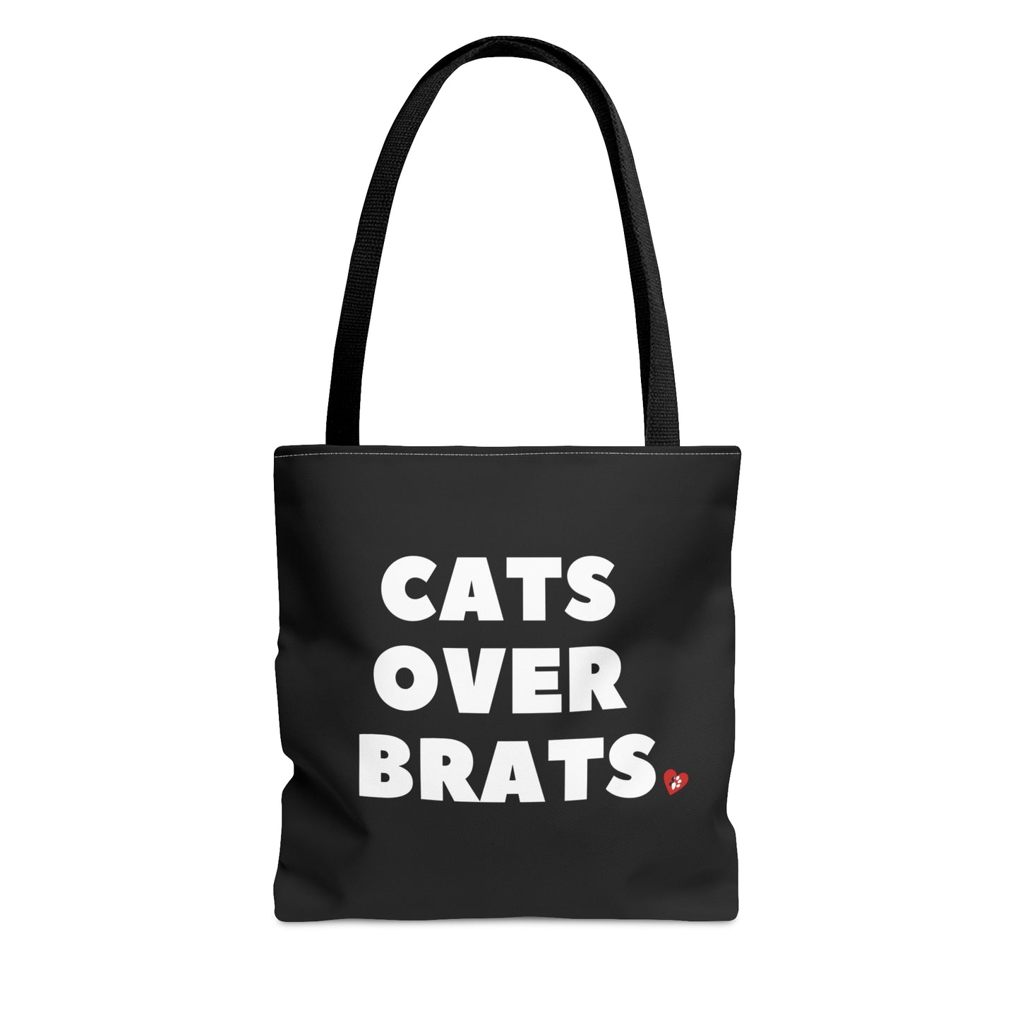 Black tote bag with 'Cats Over Brats' text  