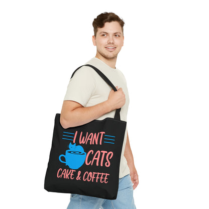 Black tote bag with 'I Want Cats, Cake & Coffee' text and a blue cat and cup illustration