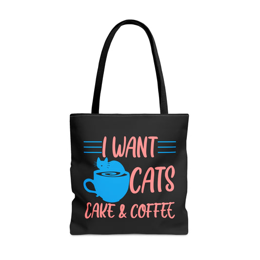 Black tote bag with 'I Want Cats, Cake & Coffee' text and a blue cat and cup illustration