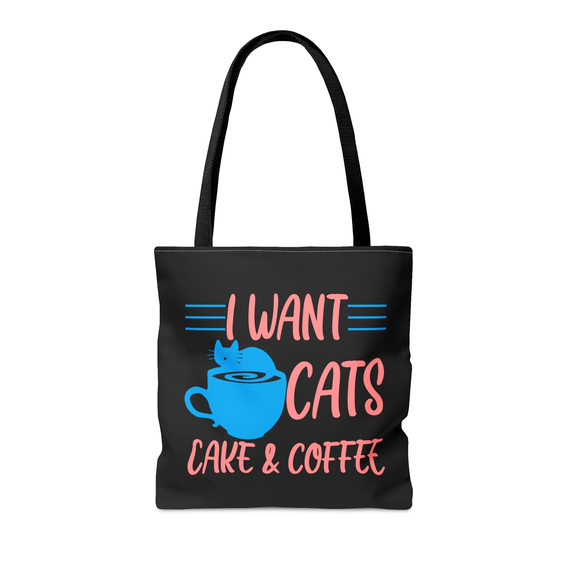 Black tote bag with 'I Want Cats, Cake & Coffee' text and a blue cat and cup illustration