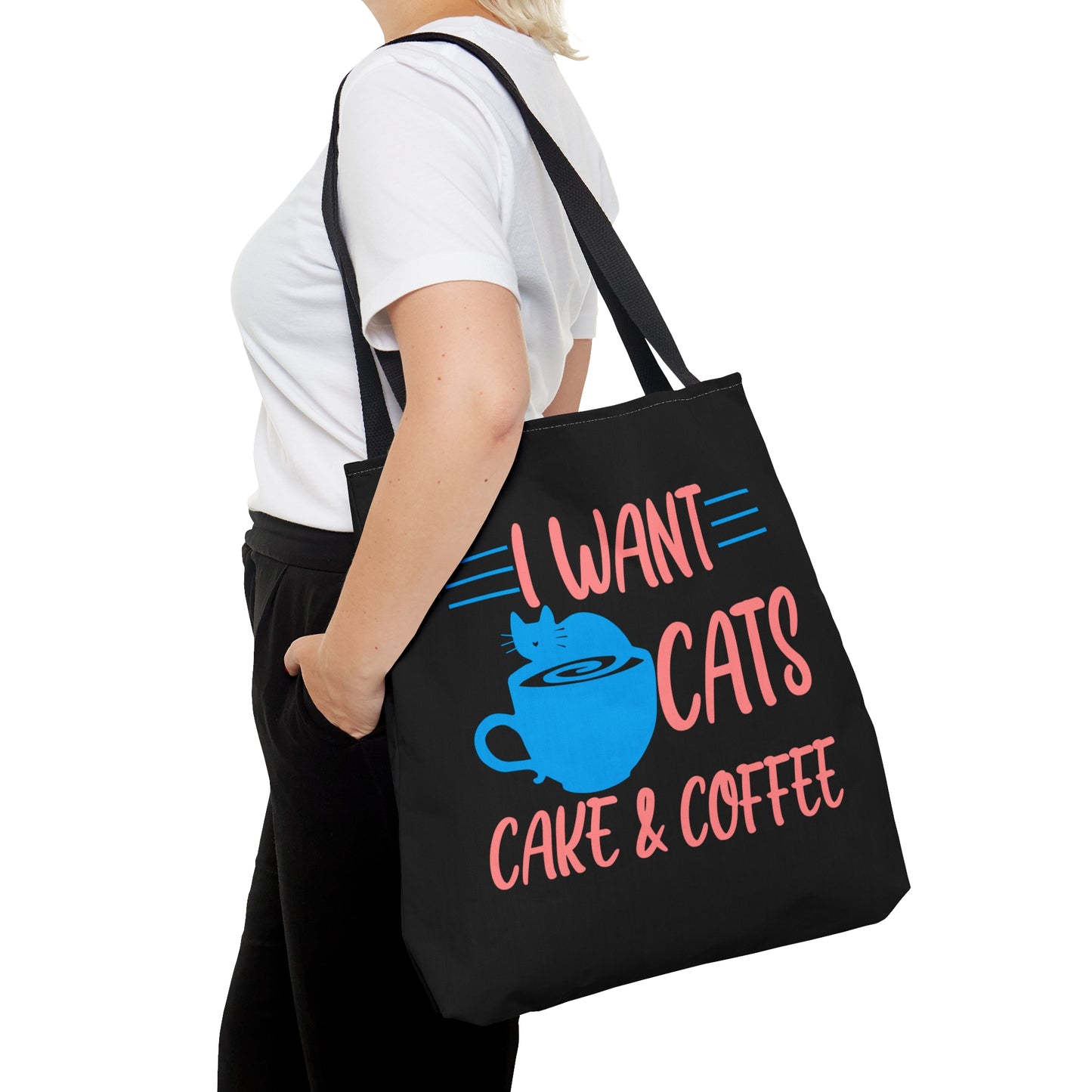 Black tote with 'I Want Cats, Cake & Coffee' text and a blue cat and cup illustration