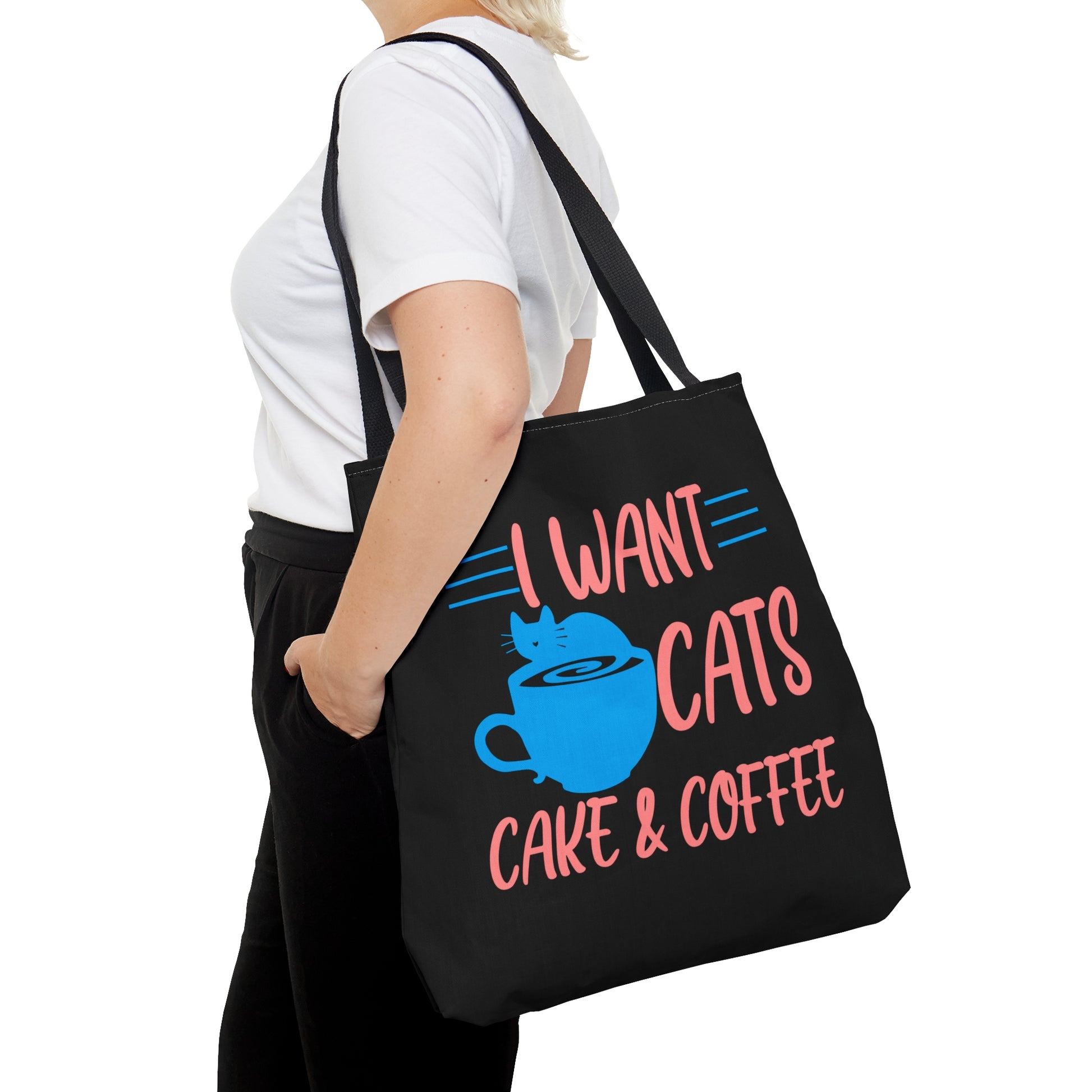 Black tote with 'I Want Cats, Cake & Coffee' text and a blue cat and cup illustration
