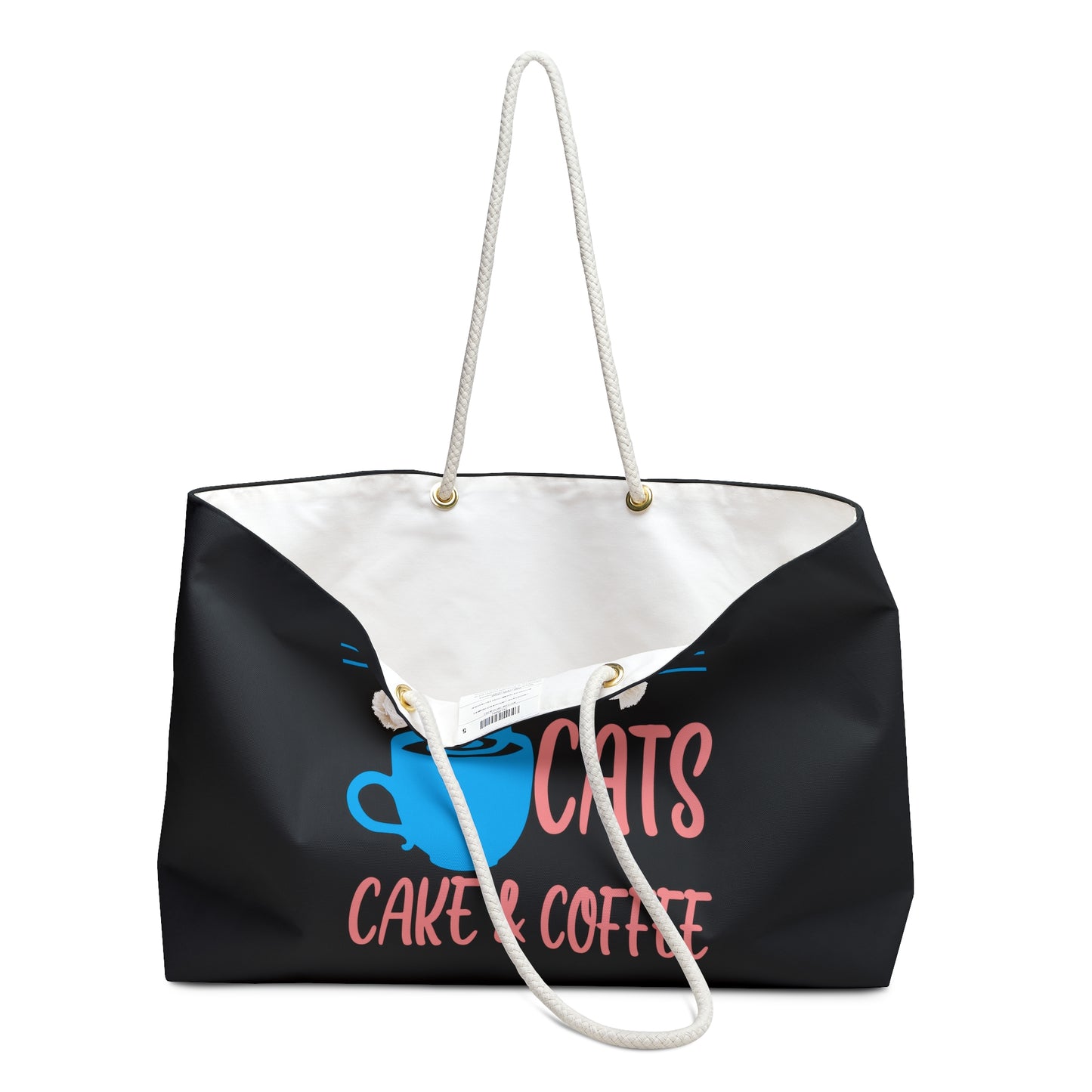 Black weekender tote bag with 'I Want Cats, Cake & Coffee' text and a blue cat on a coffee cup graphic  