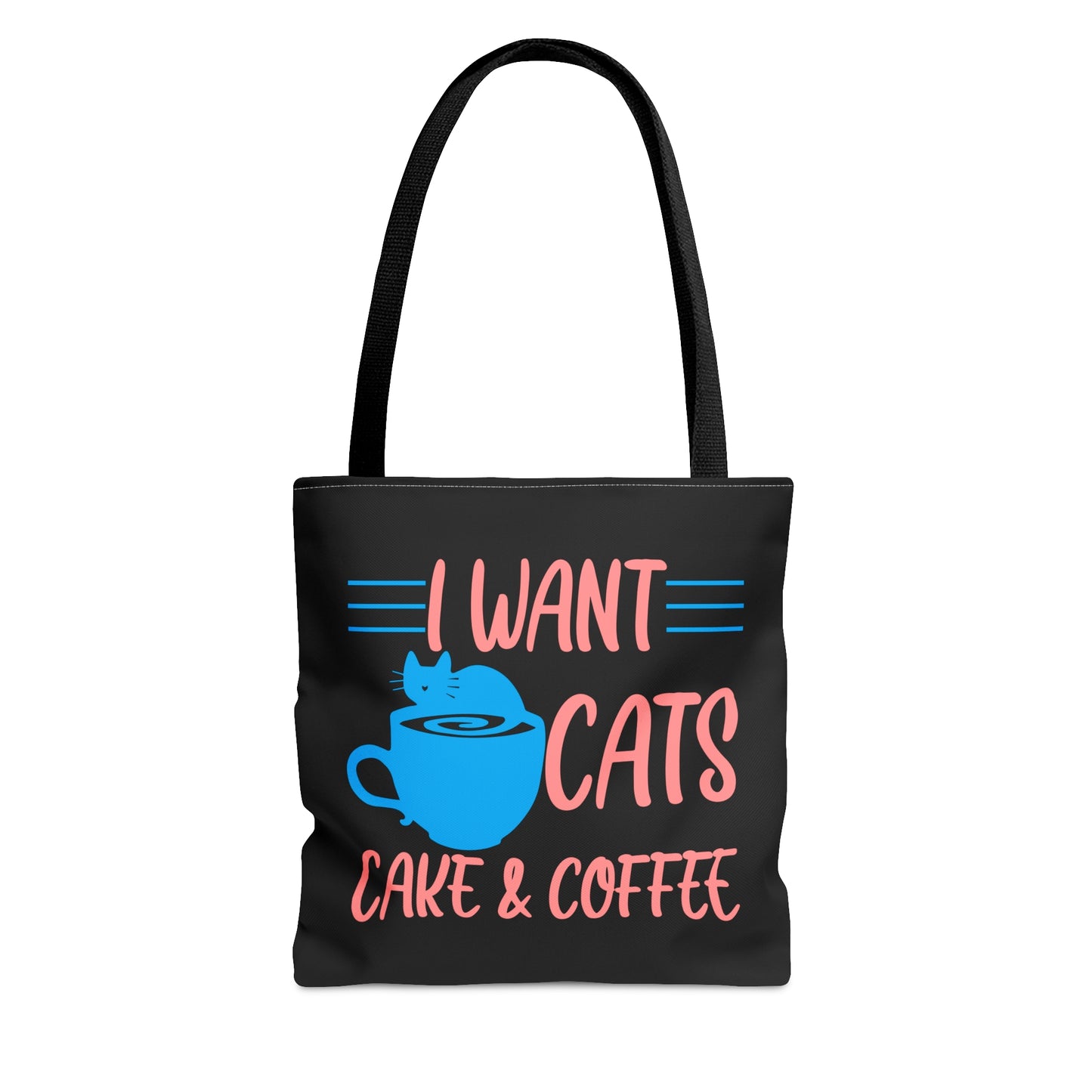 Black tote bag with 'I Want Cats, Cake & Coffee' text and a blue cat and cup illustration