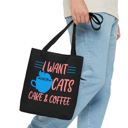Black tote bag with 'I Want Cats, Cake & Coffee' text and a blue cat and cup illustration