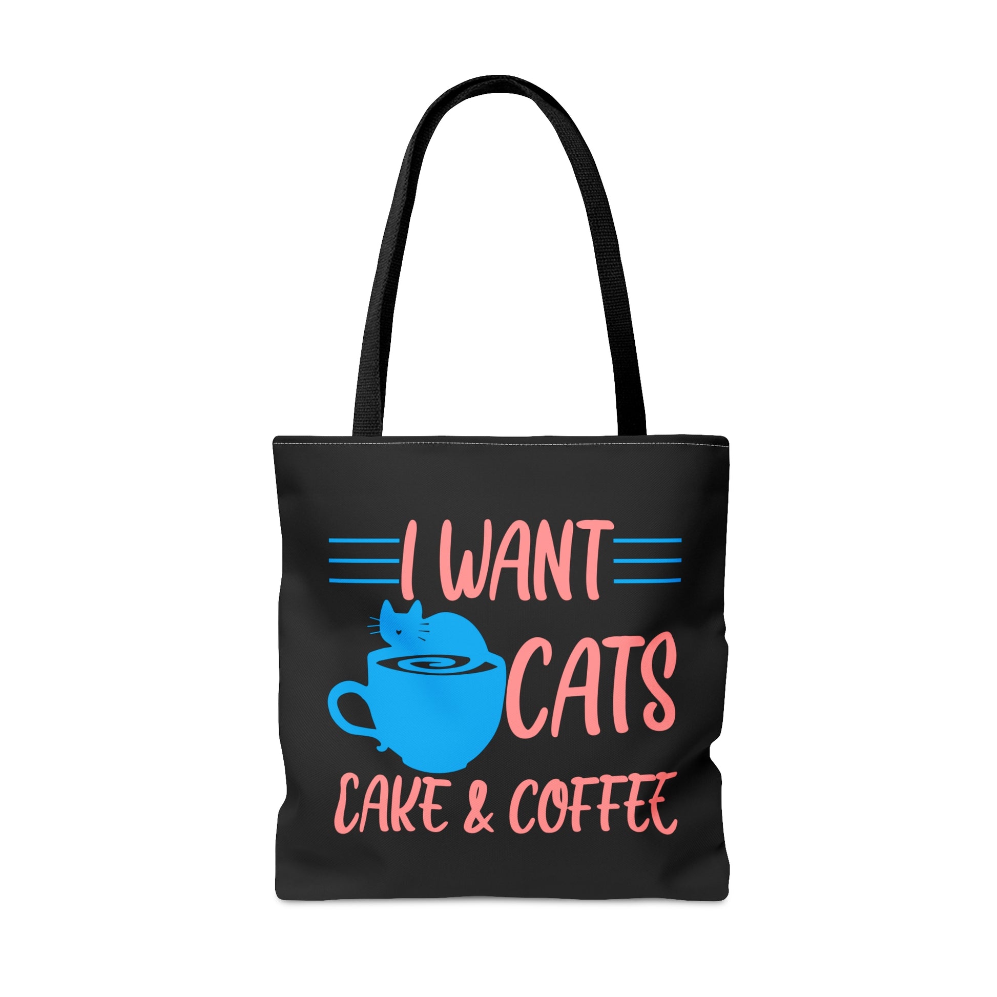 Black tote bag with 'I Want Cats, Cake & Coffee' text and a blue cat and cup illustration