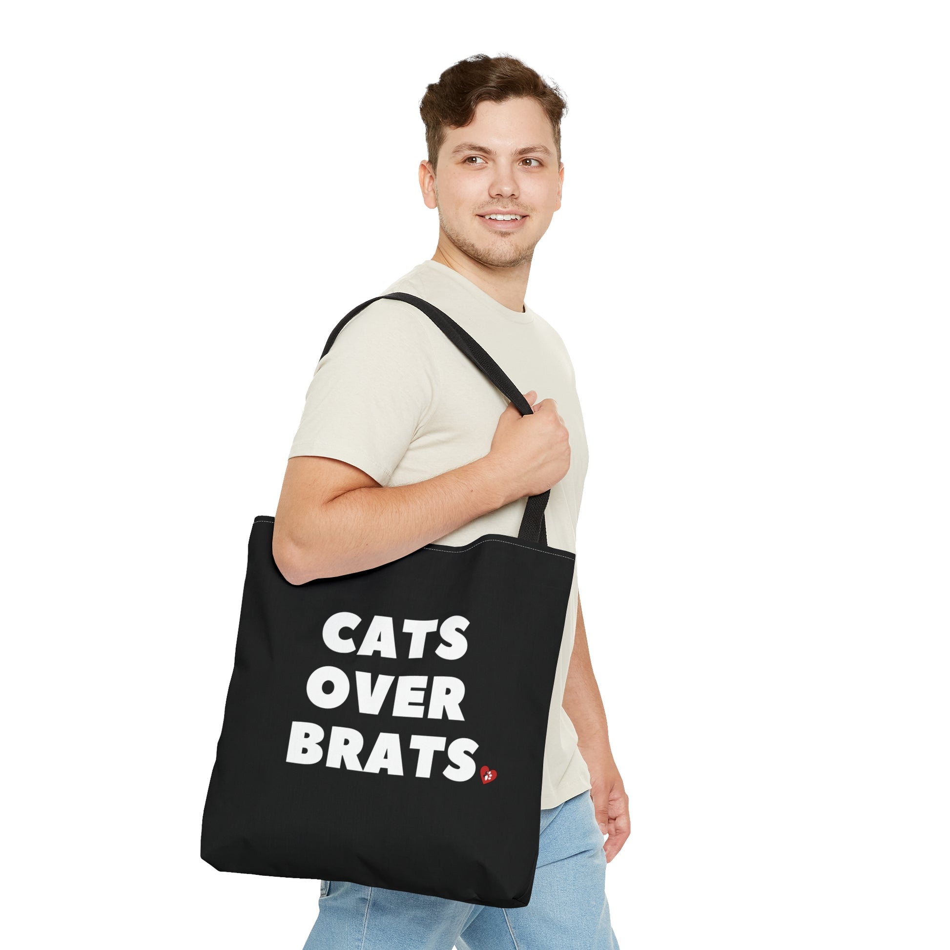 Black tote bag with 'Cats Over Brats' text  