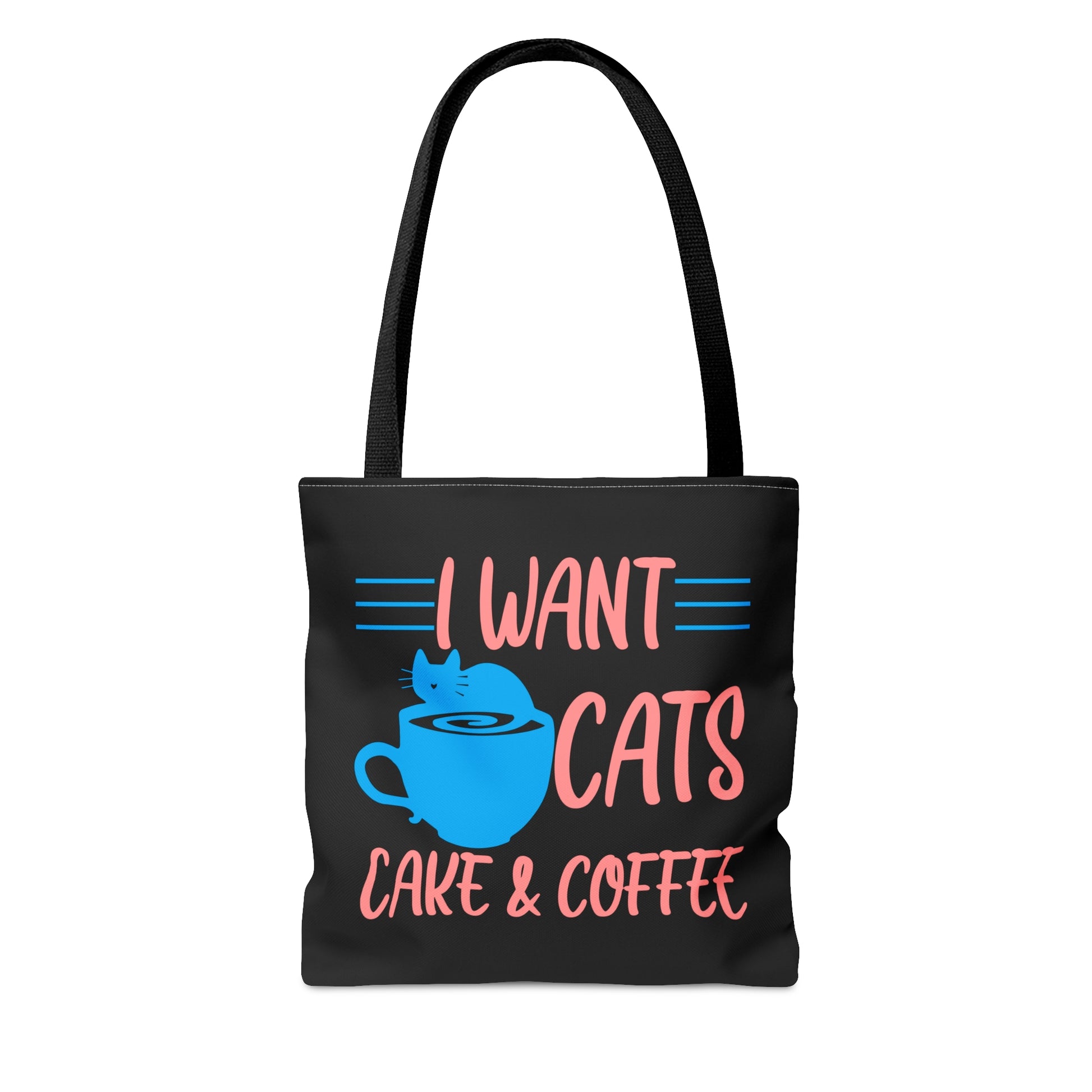 Black tote bag with 'I Want Cats, Cake & Coffee' text and a blue cat and cup illustration