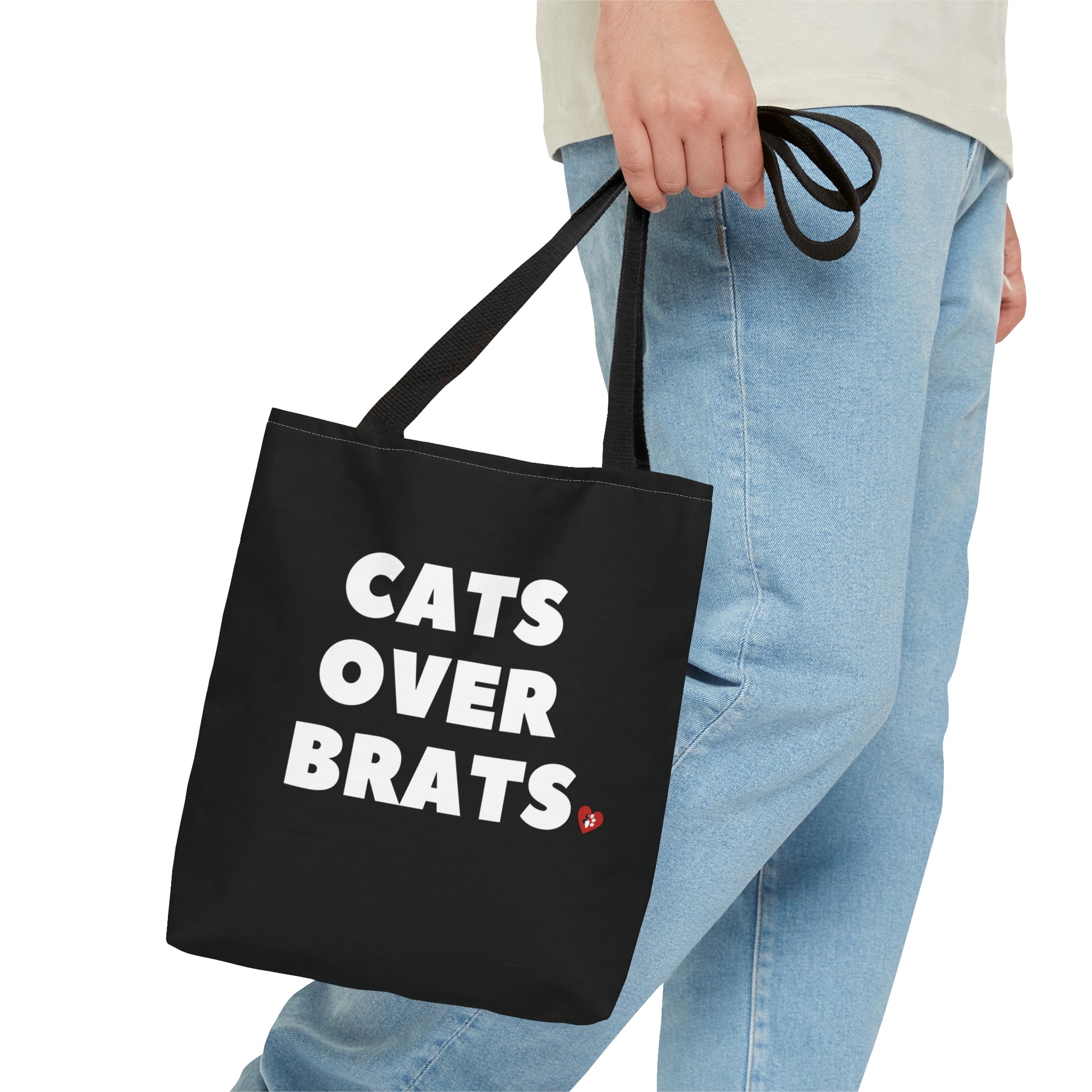 Black tote bag with 'Cats Over Brats' text  