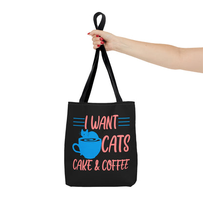 Black tote bag with 'I Want Cats, Cake & Coffee' text and a blue cat and cup illustration