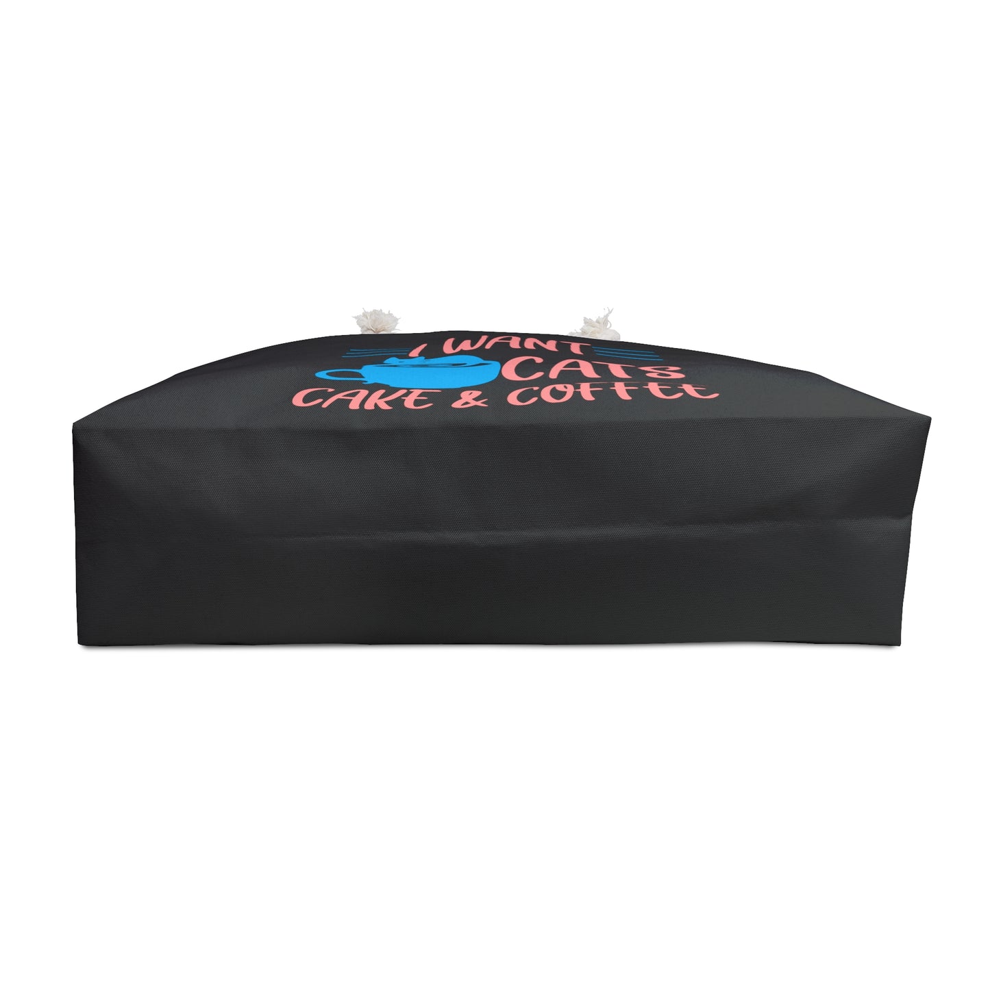 Black weekender tote bag with 'I Want Cats, Cake & Coffee' text and a blue cat on a coffee cup graphic  