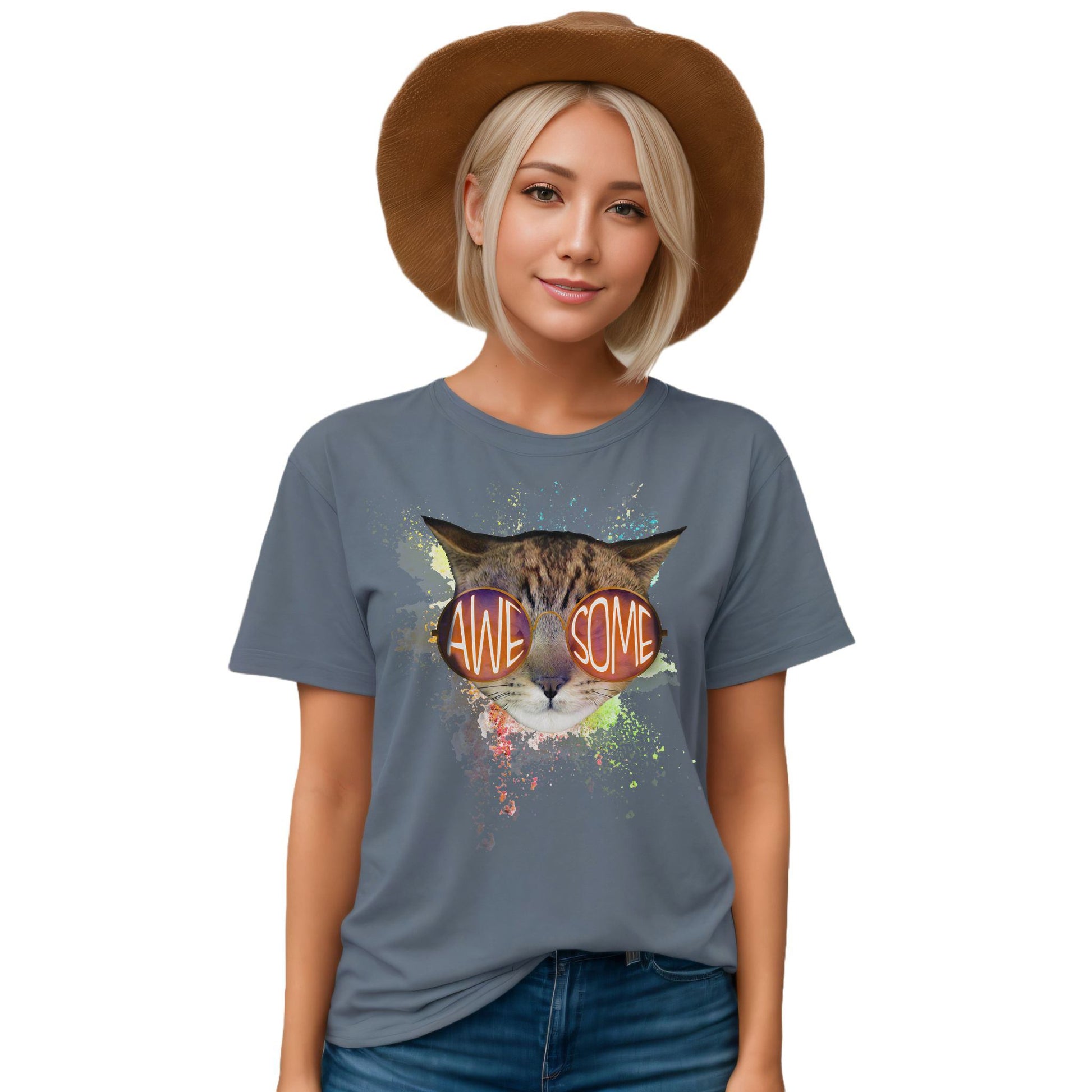 Steel Blue Awesome Cat T-Shirt Crew Neck Unisex