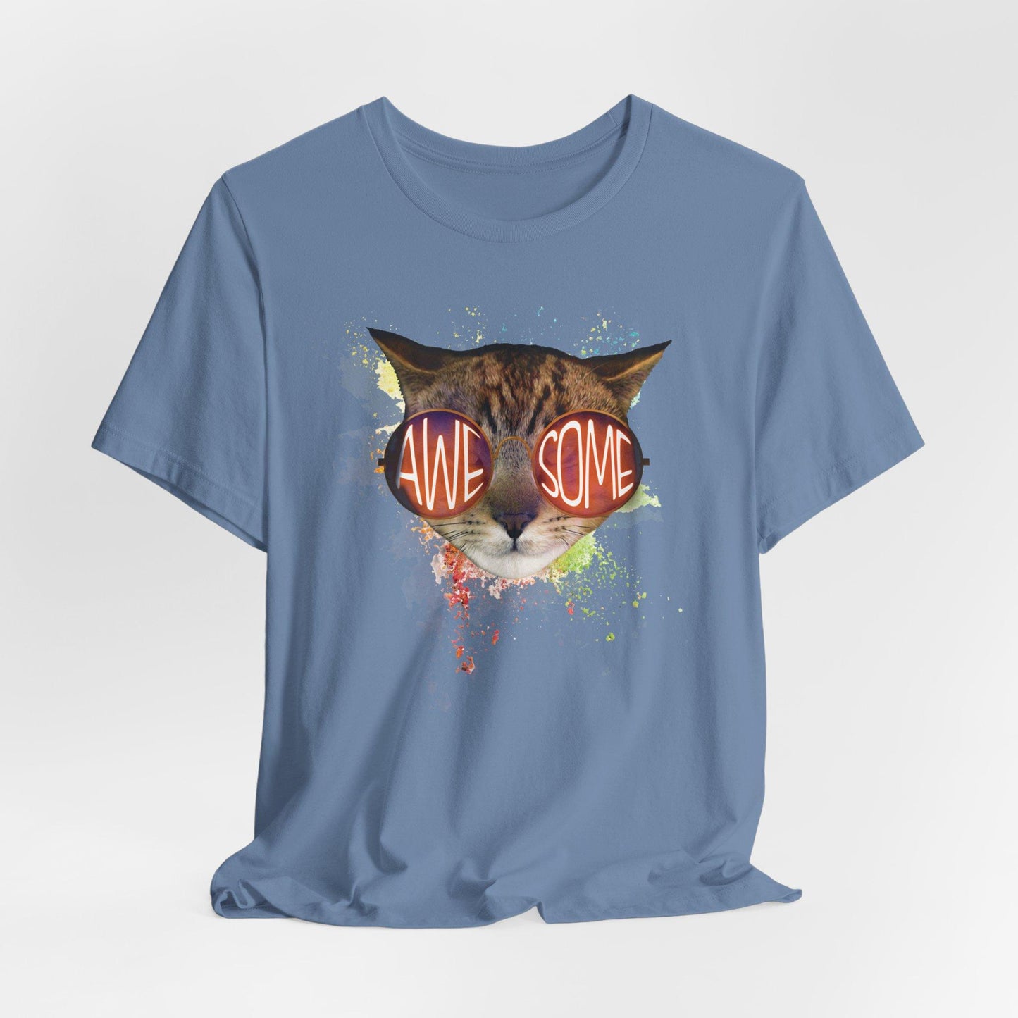 Steel Blue Awesome Cat T-Shirt Crew Neck Unisex