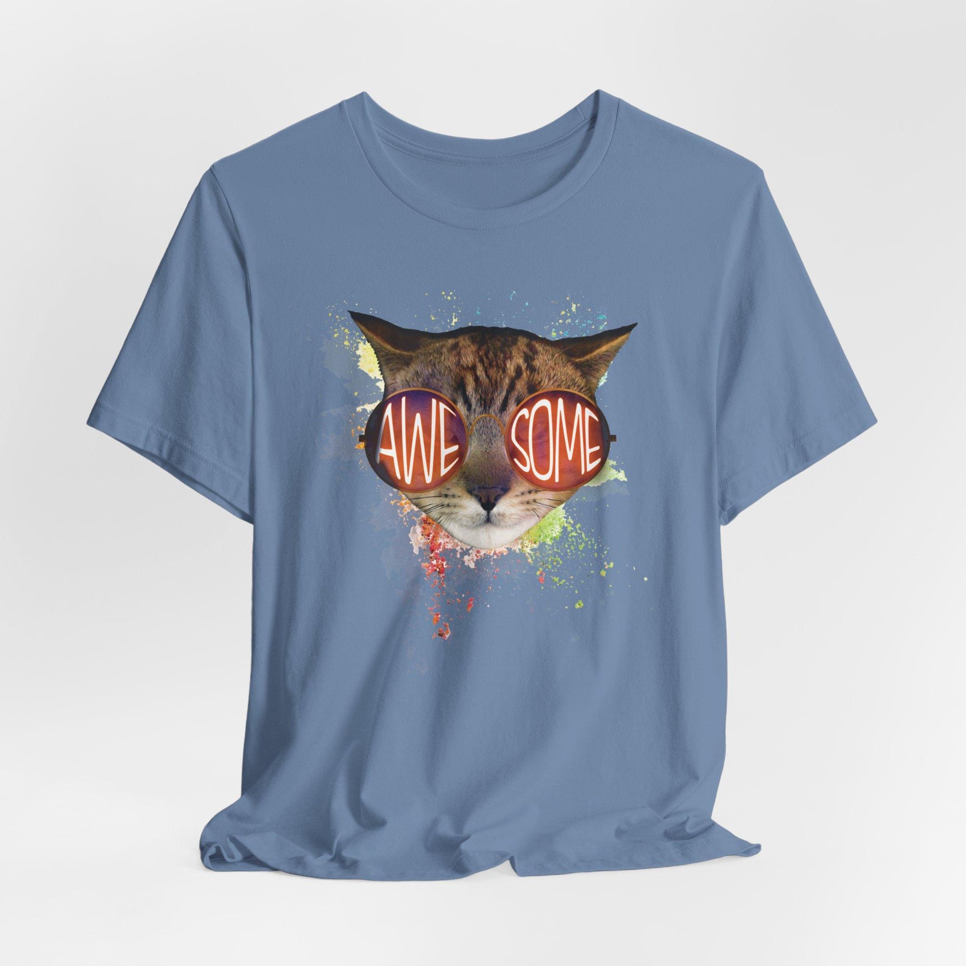Steel Blue Awesome Cat T-Shirt Crew Neck Unisex