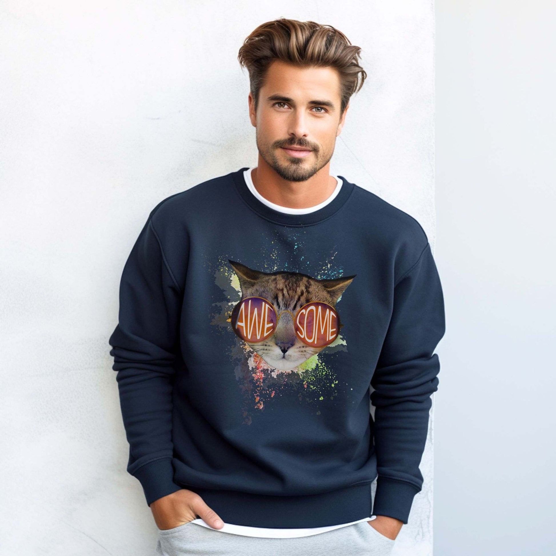 Navy Awesome Crewneck Unisex Sweatshirt Cat Theme