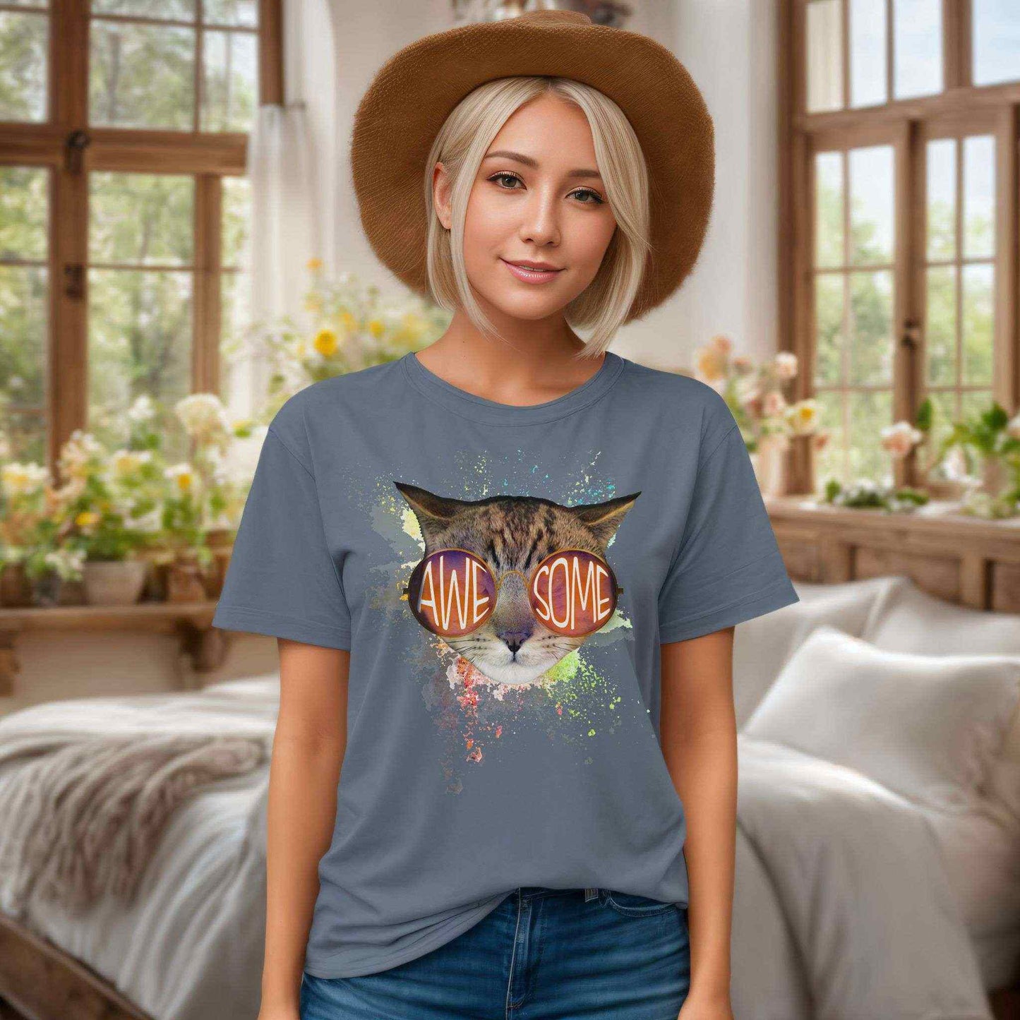 Steel Blue Awesome Cat T-Shirt Crew Neck Unisex