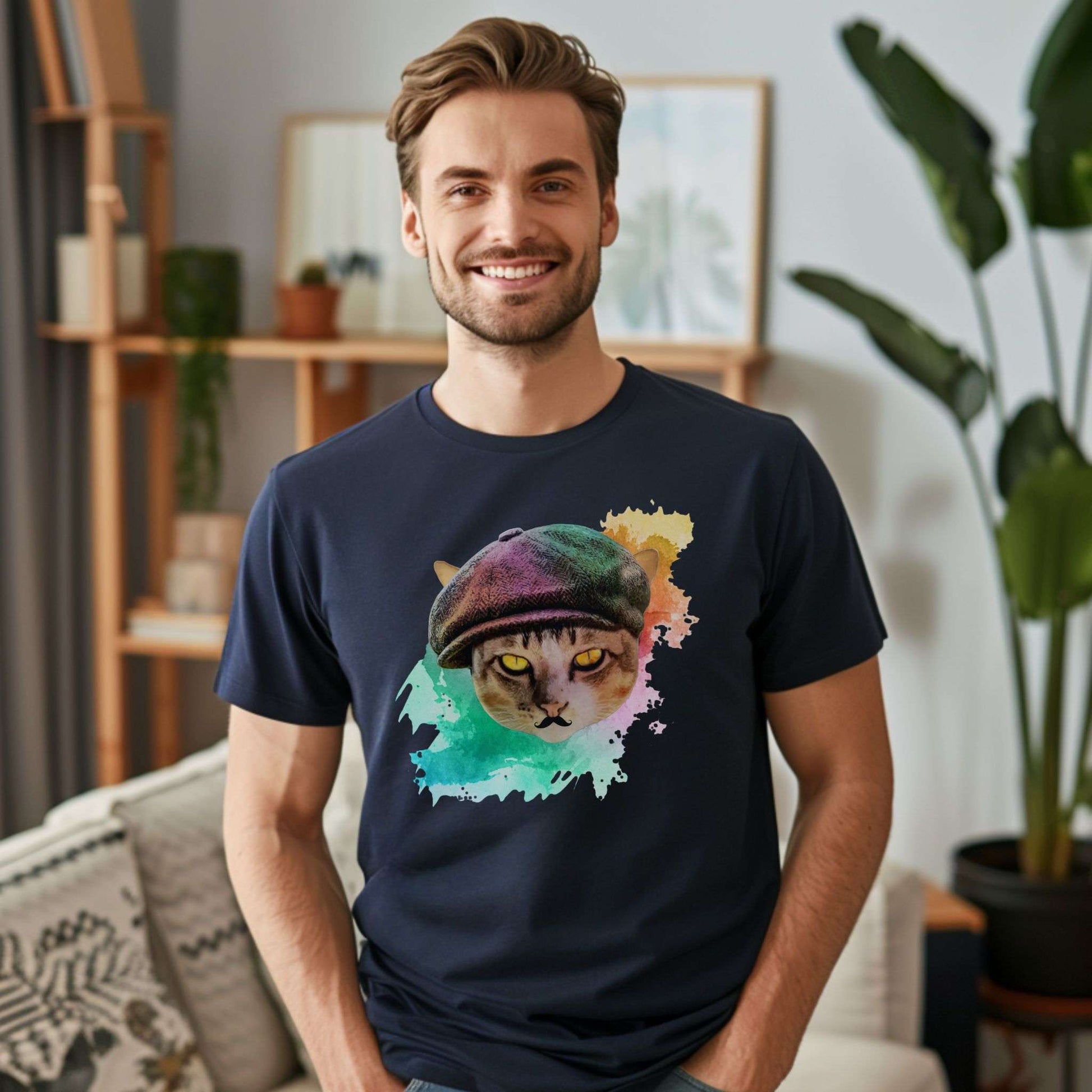 Navy Baker Boy Cat T-Shirt Unisex Crew Neck
