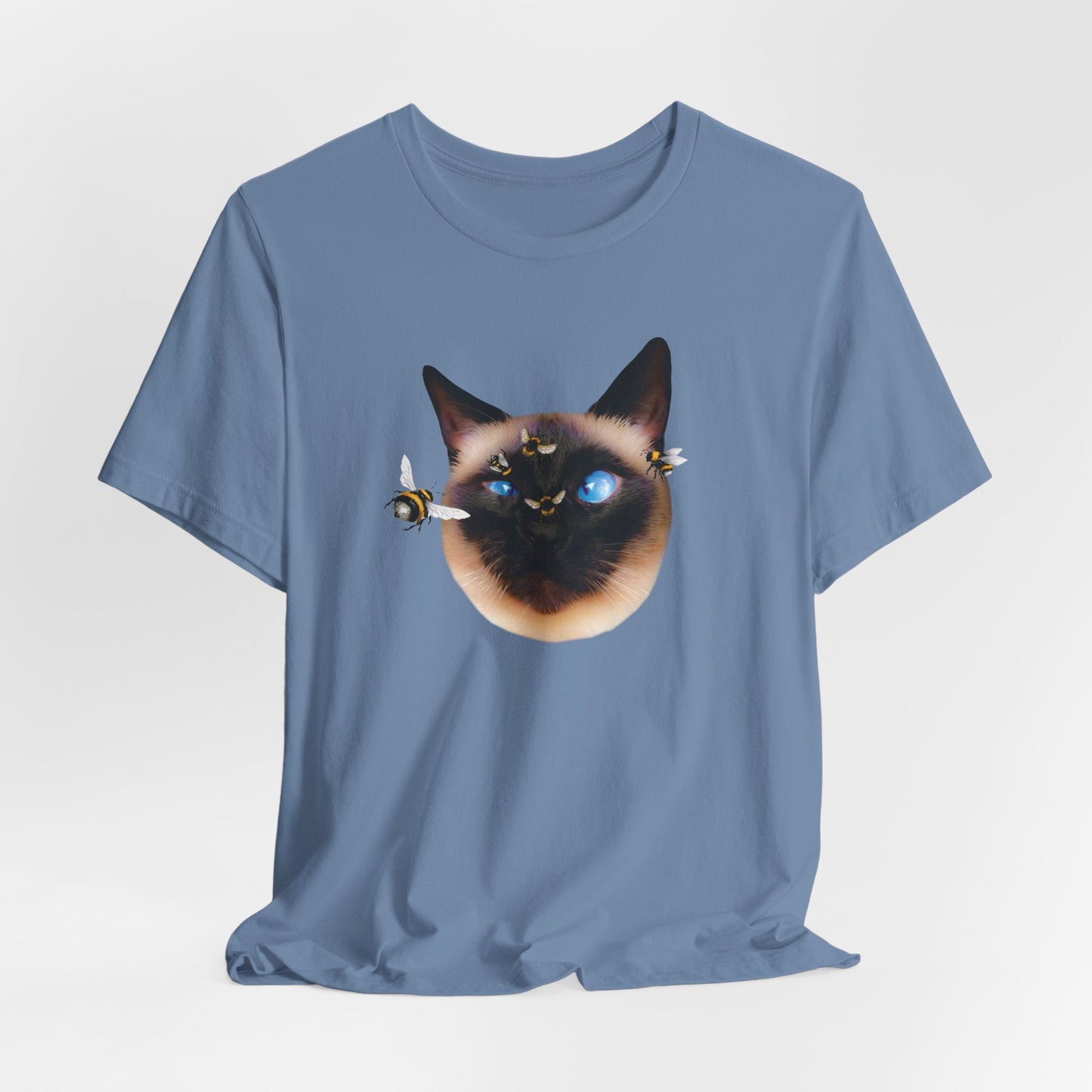 Steel Blue Buzz_Off_Siamese_Cat_T-Shirt Unisex Crew Neck
