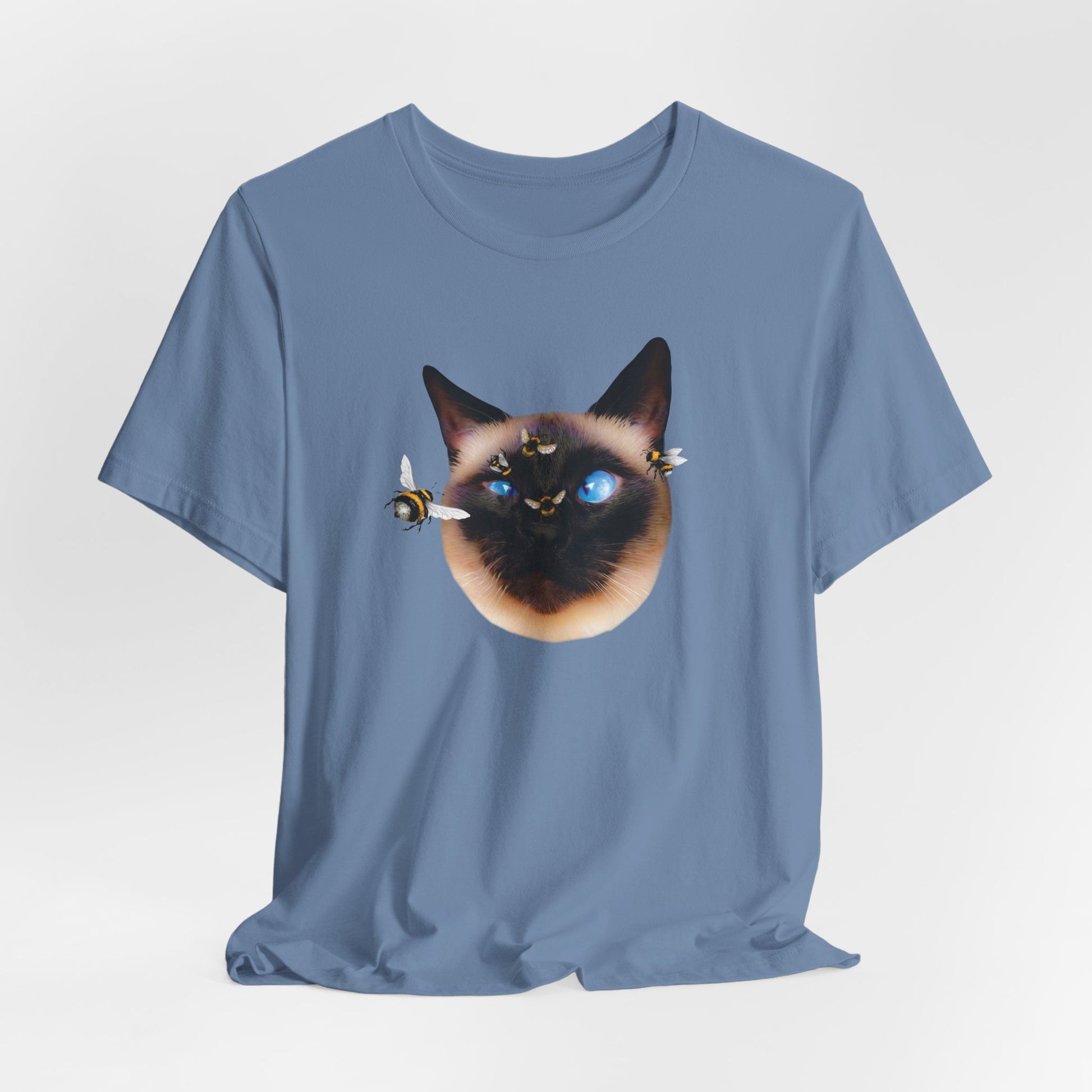 Steel Blue Buzz_Off_Siamese_Cat_T-Shirt Unisex Crew Neck