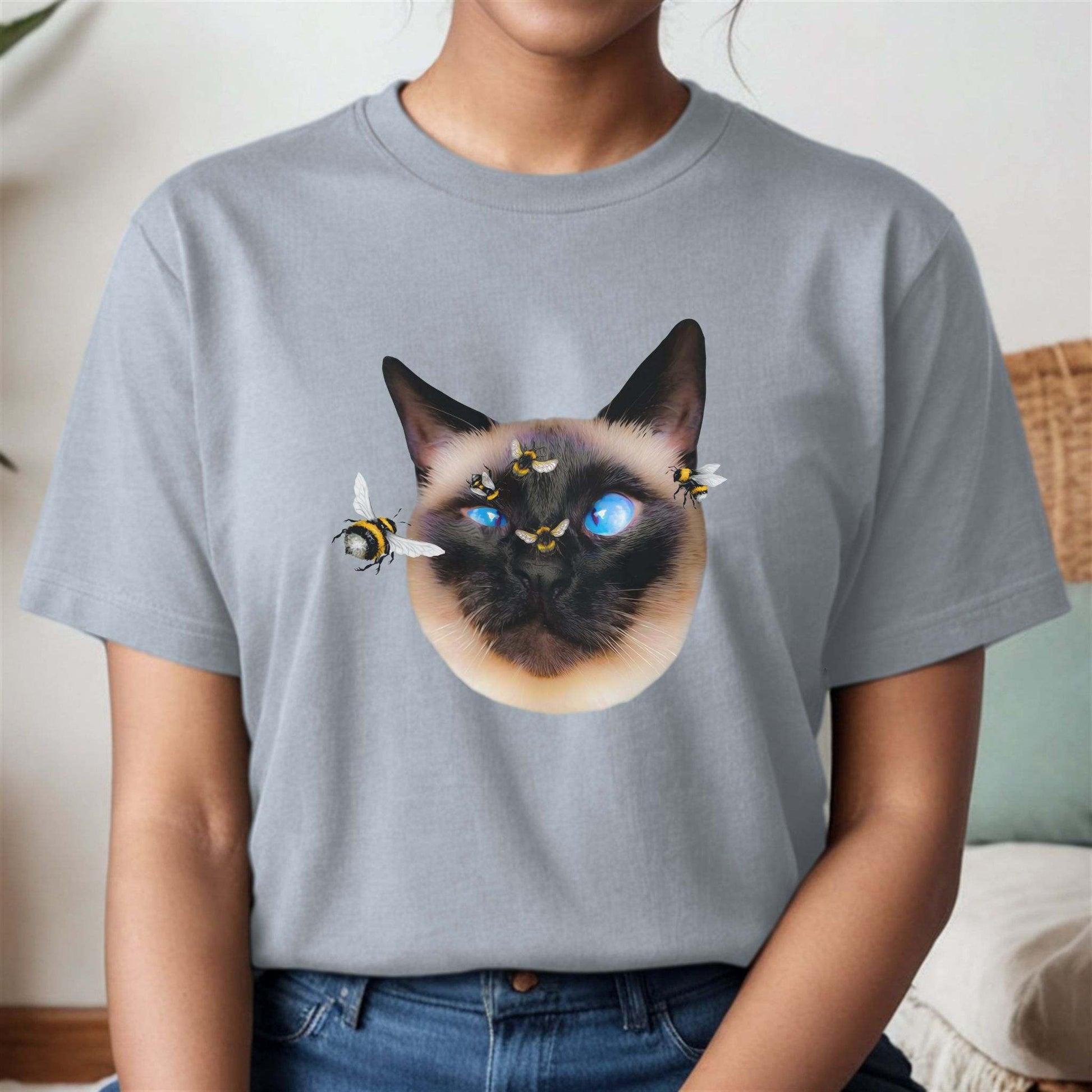 Light Blue Buzz_Off_Siamese_Cat_T-Shirt Unisex Crew Neck