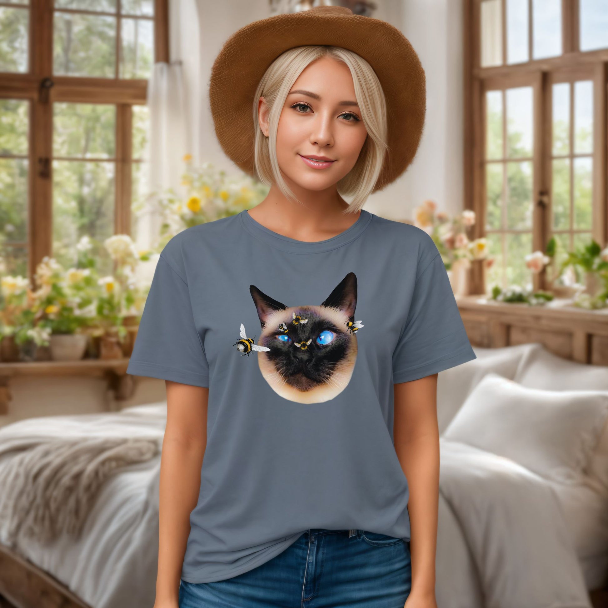 Steel Blue Buzz_Off_Siamese_Cat_T-Shirt Unisex Crew Neck