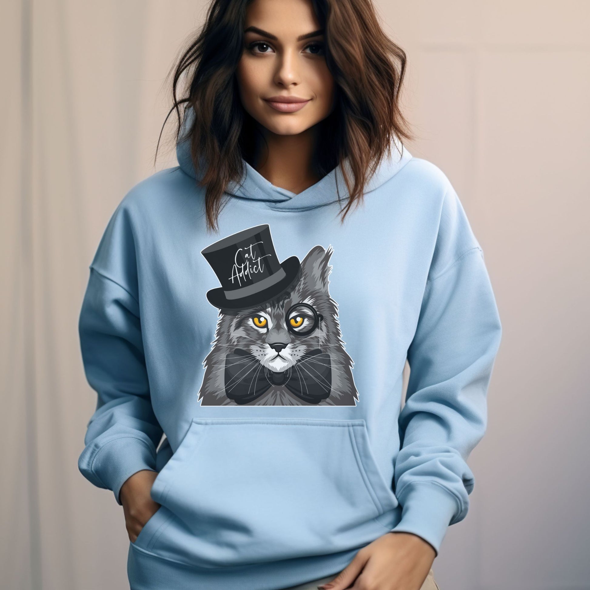 Pale Blue Cat Addict_Maine Coon Feline Themed Hooded_Sweatshirt Unisex
