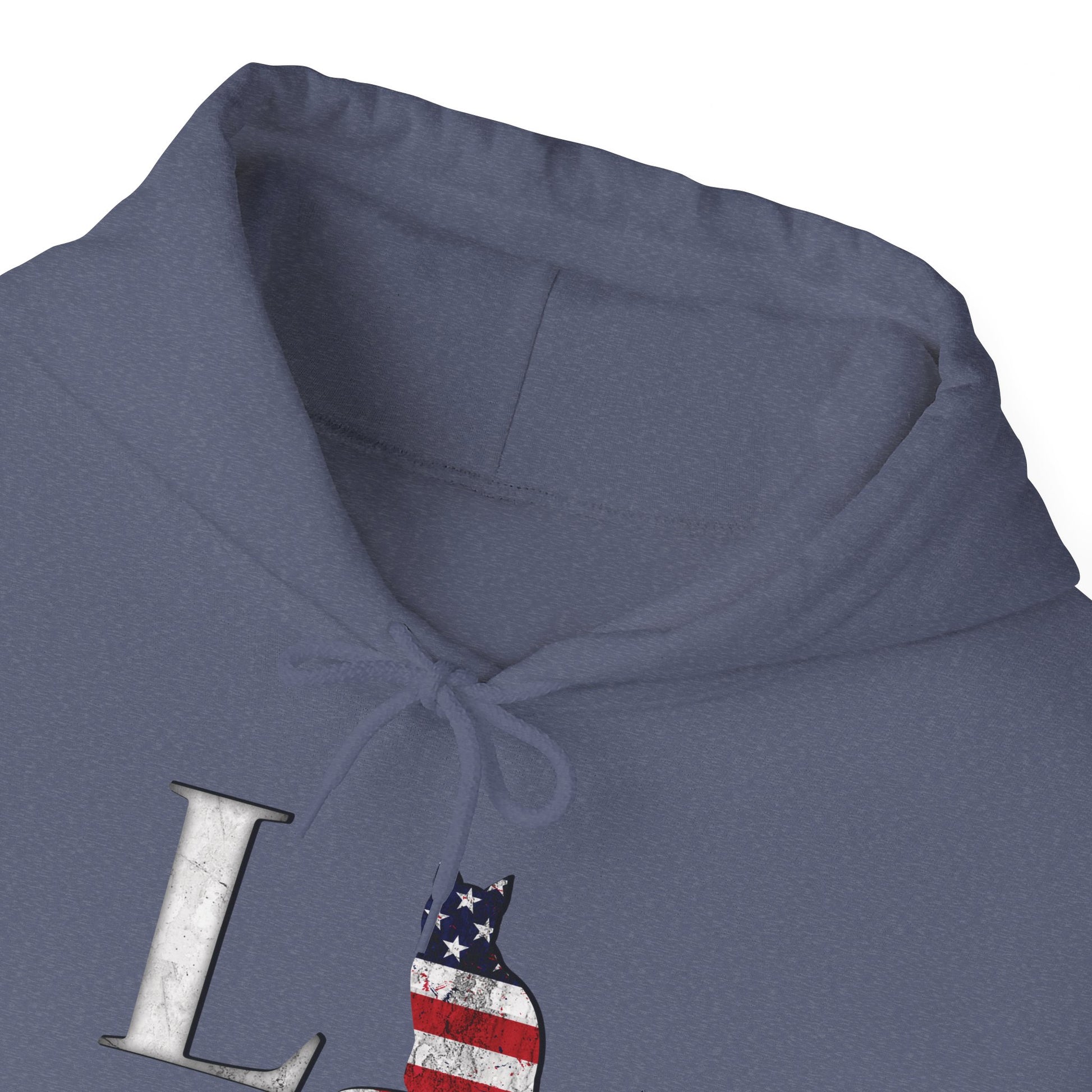 Heather Navy Cat Themed Love USA Hooded Sweatshirt Unisex