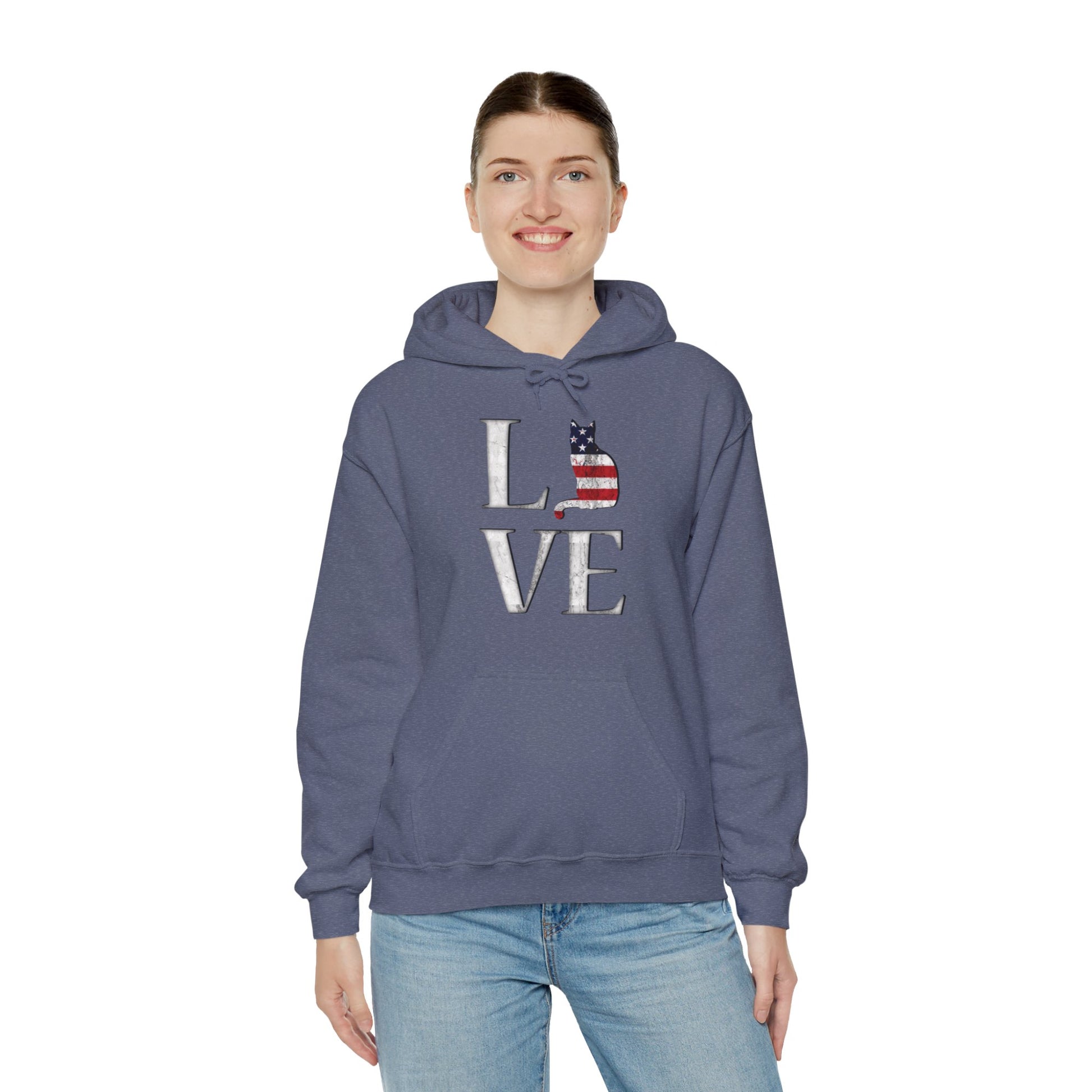 Heather Navy Cat Themed Love USA Hooded Sweatshirt Unisex