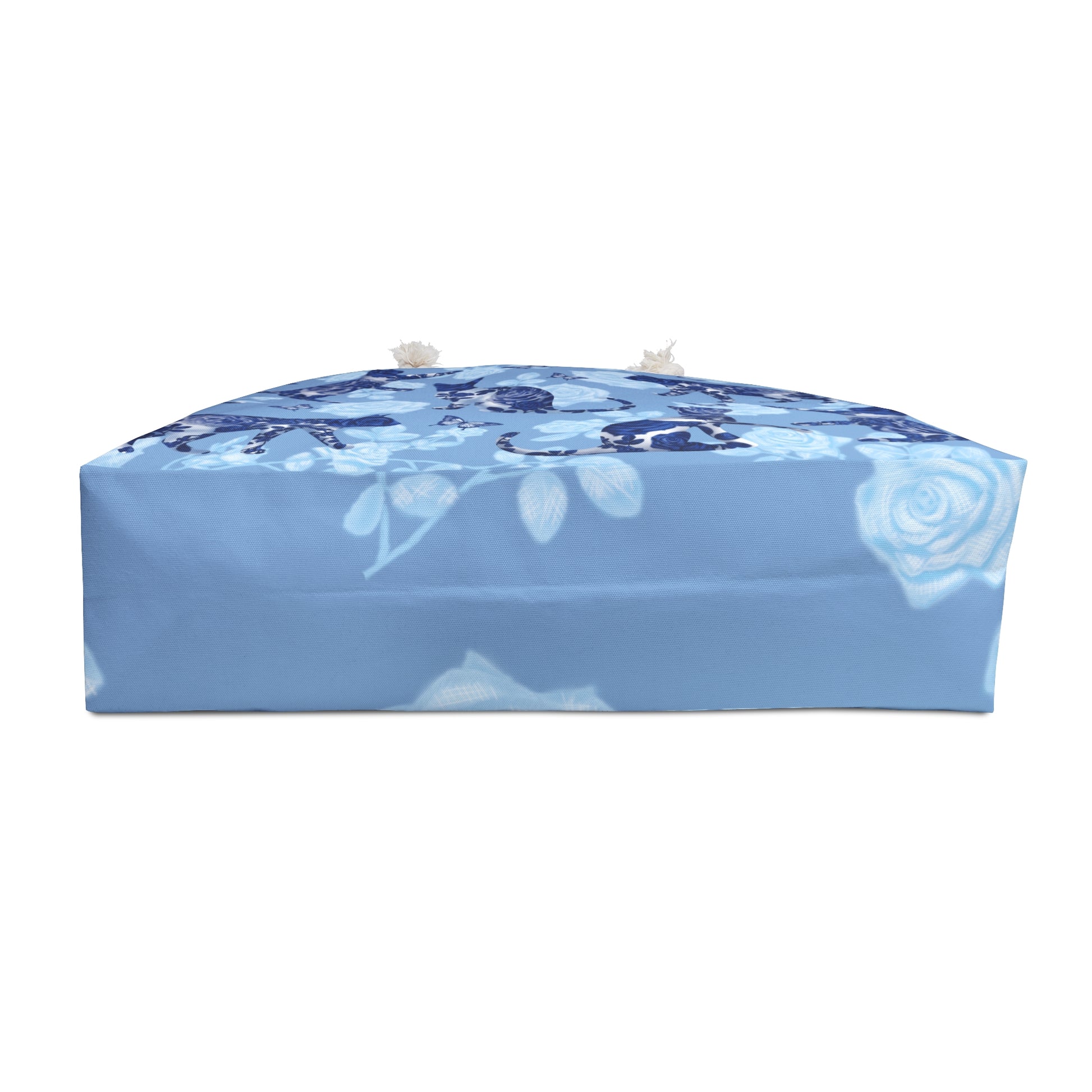 Floral Blue Cat Themed Weekender Tote Bag, With Print Of Cats, Roses & Butterflies.