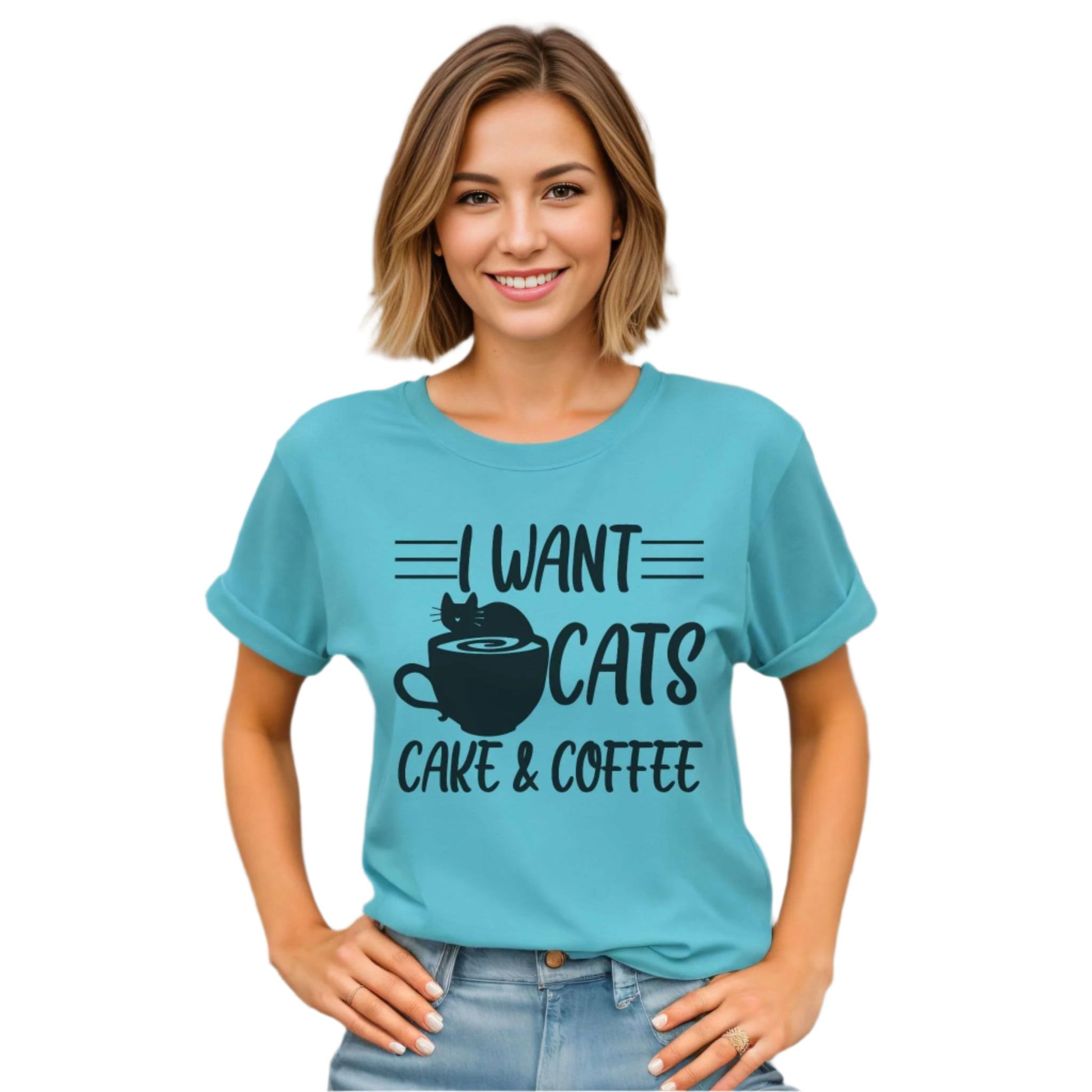 Turquoise Cats Cake & Coffee T-Shirt Unisex Crew Neck
