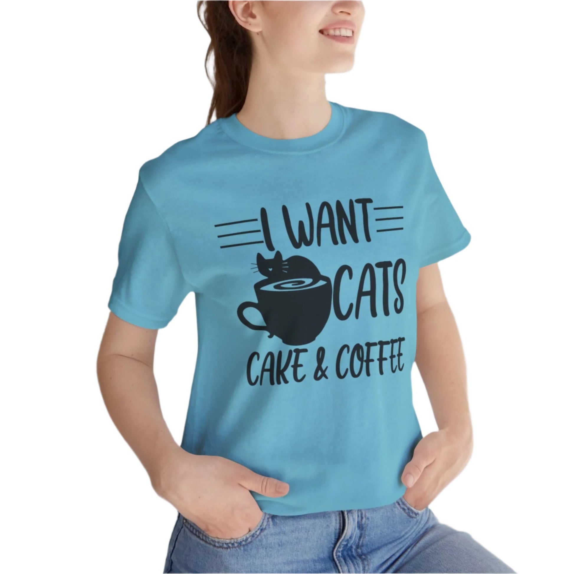 Turquoise Cats Cake & Coffee T-Shirt Unisex Crew Neck