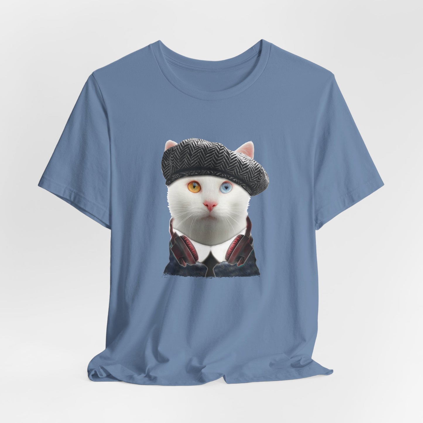 Steel Blue Headphones Cat T-Shirt Unisex Crew Neck
