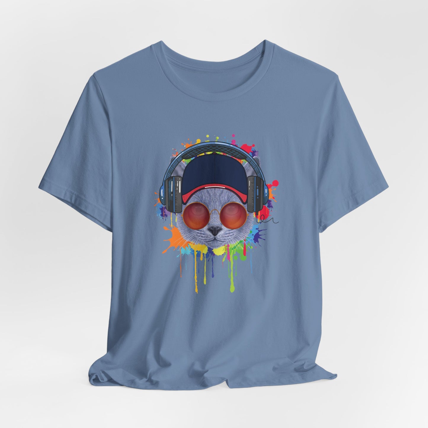 Steel Blue Lost In Music Cat T-Shirt Unisex Crew Neck